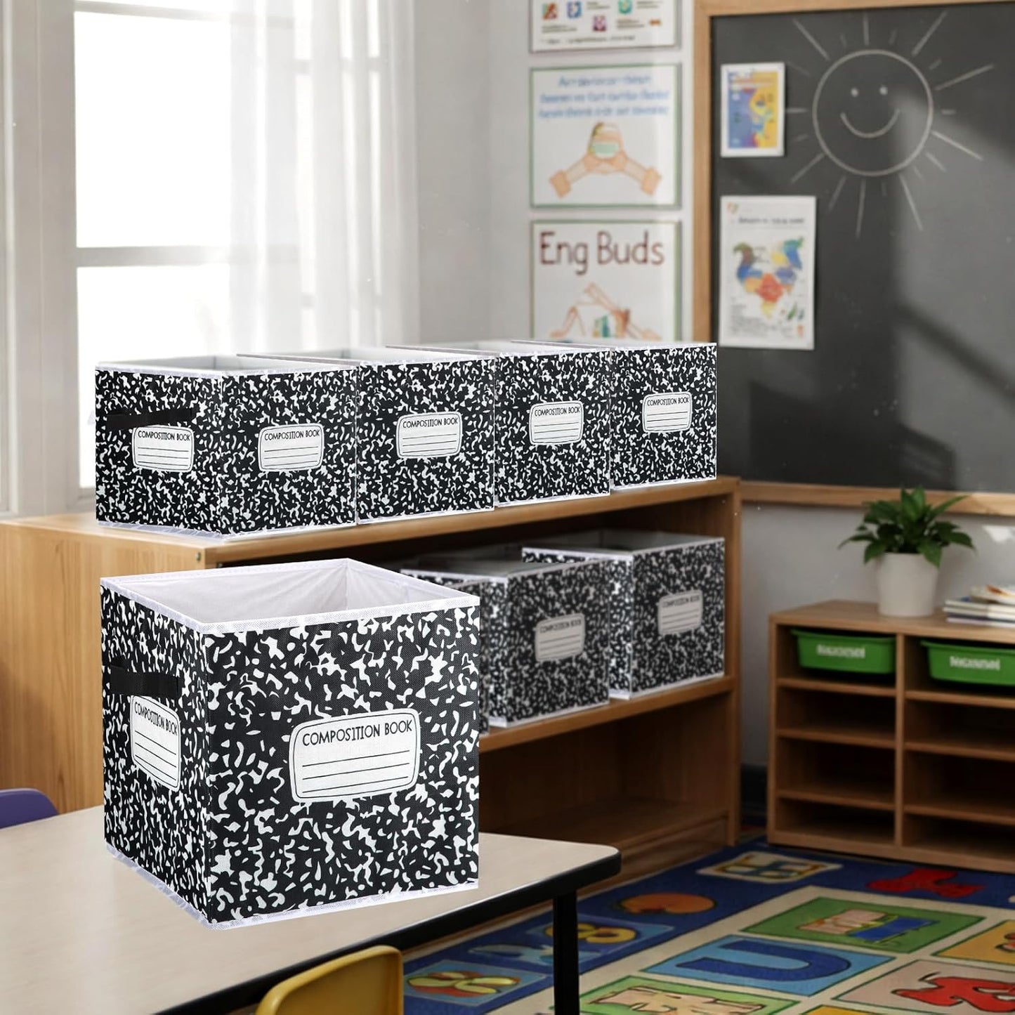 RattanView 6 Pcs 11in Composition Book Fabric Storage Bins Classroom Must Have Cubby Basket Bins Return School Treasure Prize Box End of Year Organization for Daycare Elementary Preschool