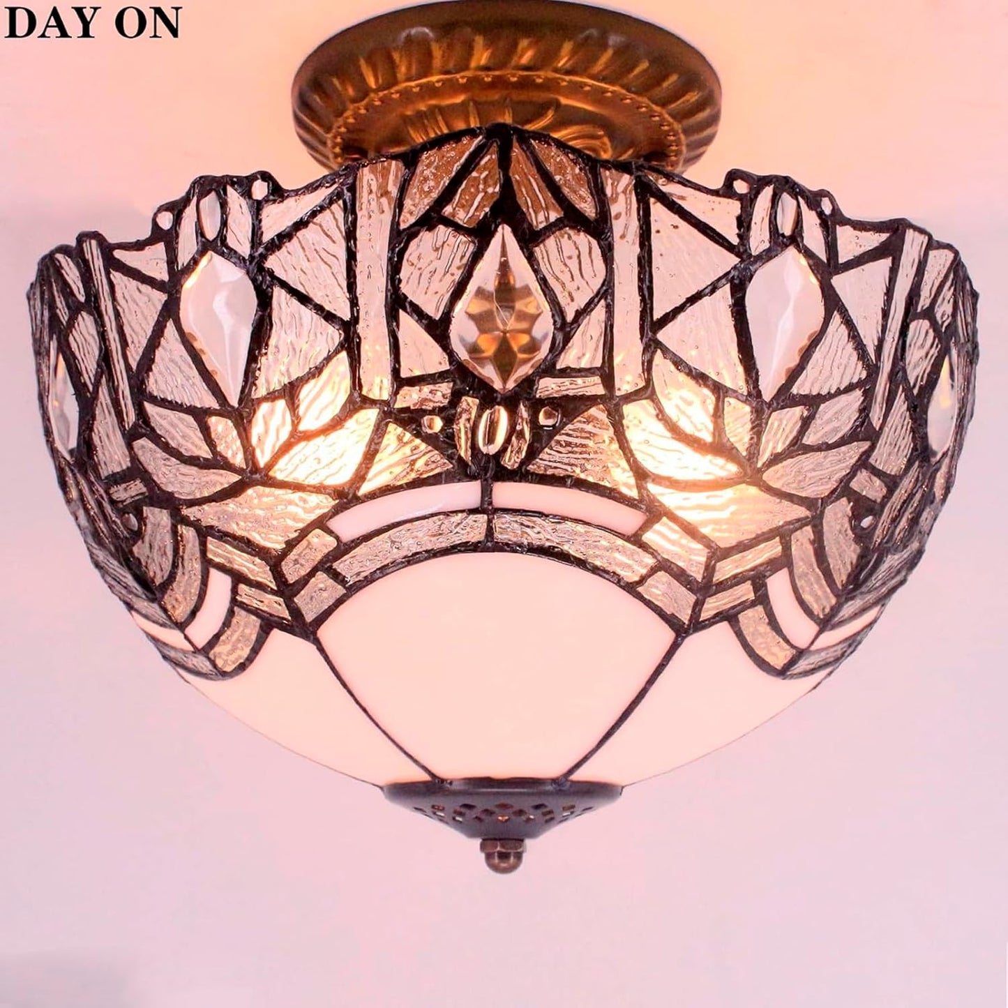 WERFACTORY Tiffany Ceiling Light Fixture Crystal Bead White Stained Glass Semi Flush Mount Lamp Wide 12 Inch, Height 11 Inch S508W Series