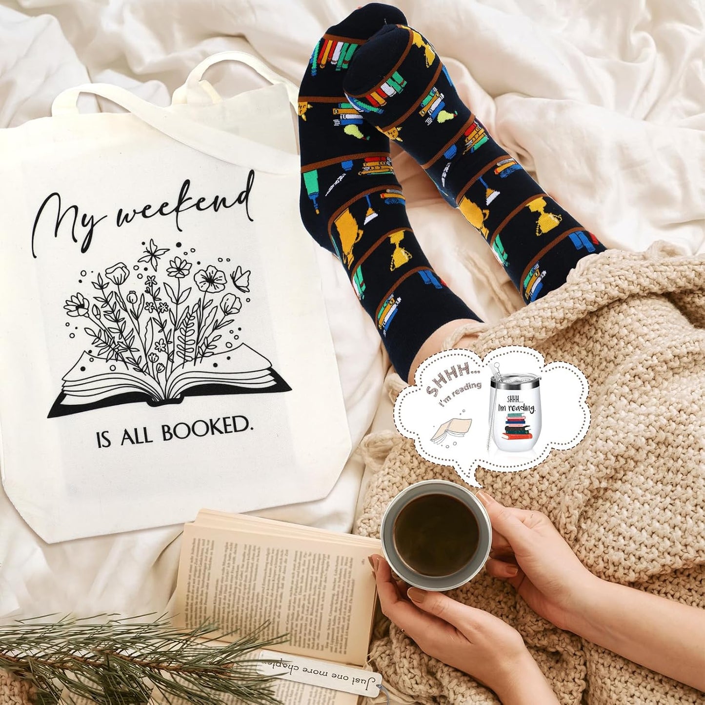 Sieral Sets of 4 Book Lovers Gift for Women Bookish Stainless Steel Tumbler Tote Bag Socks Books Bookmark Librarian Appreciation Gift for Book Bookworm Teacher Graduation(Reading)