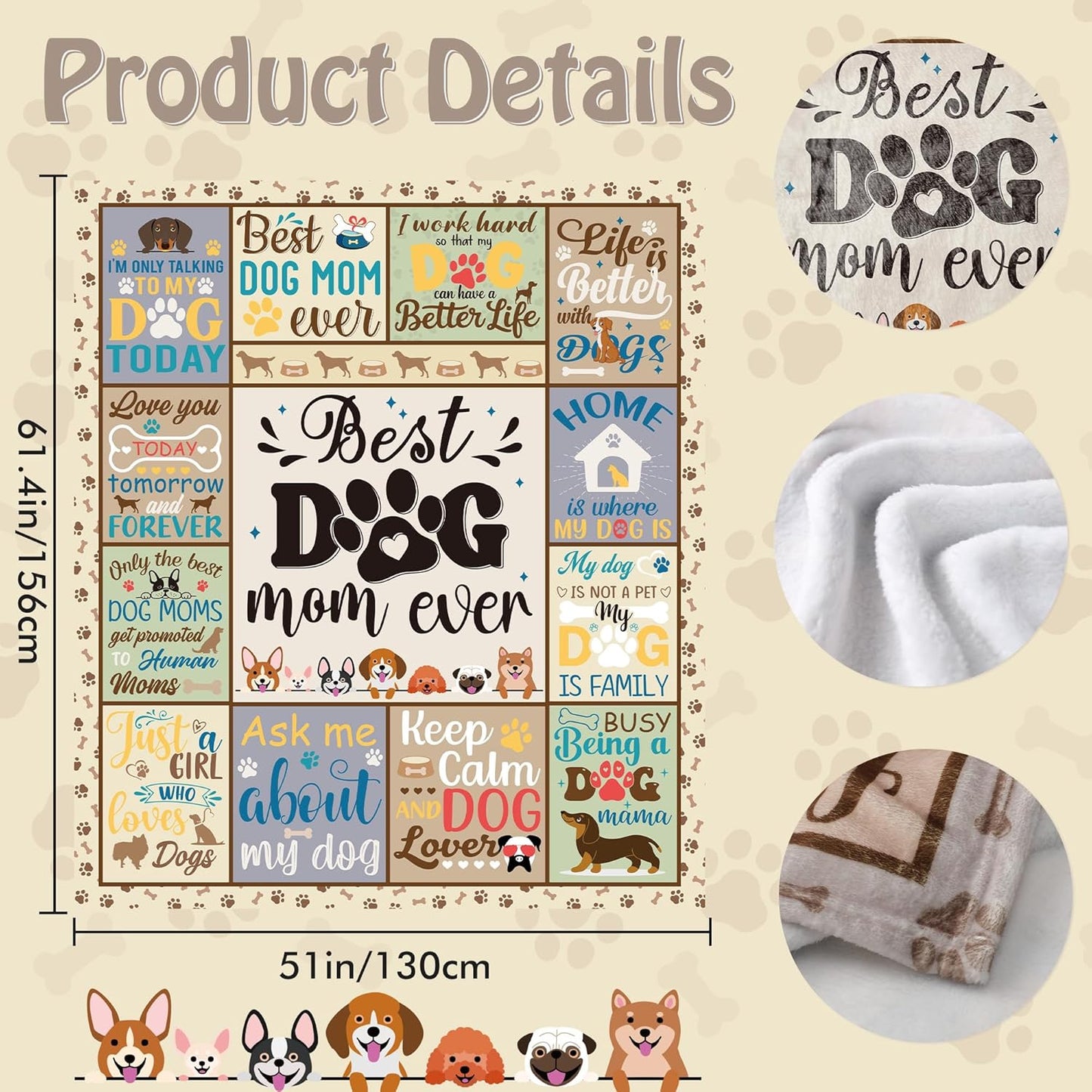 Dog Mom Gifts for Women, Funny Dog Lover Throw Blanket with Cute & Inspirational Quotes, Soft Cozy Fuzzy Flannel Blanket for Pet Lovers, Friends, and Family (50" x 60")