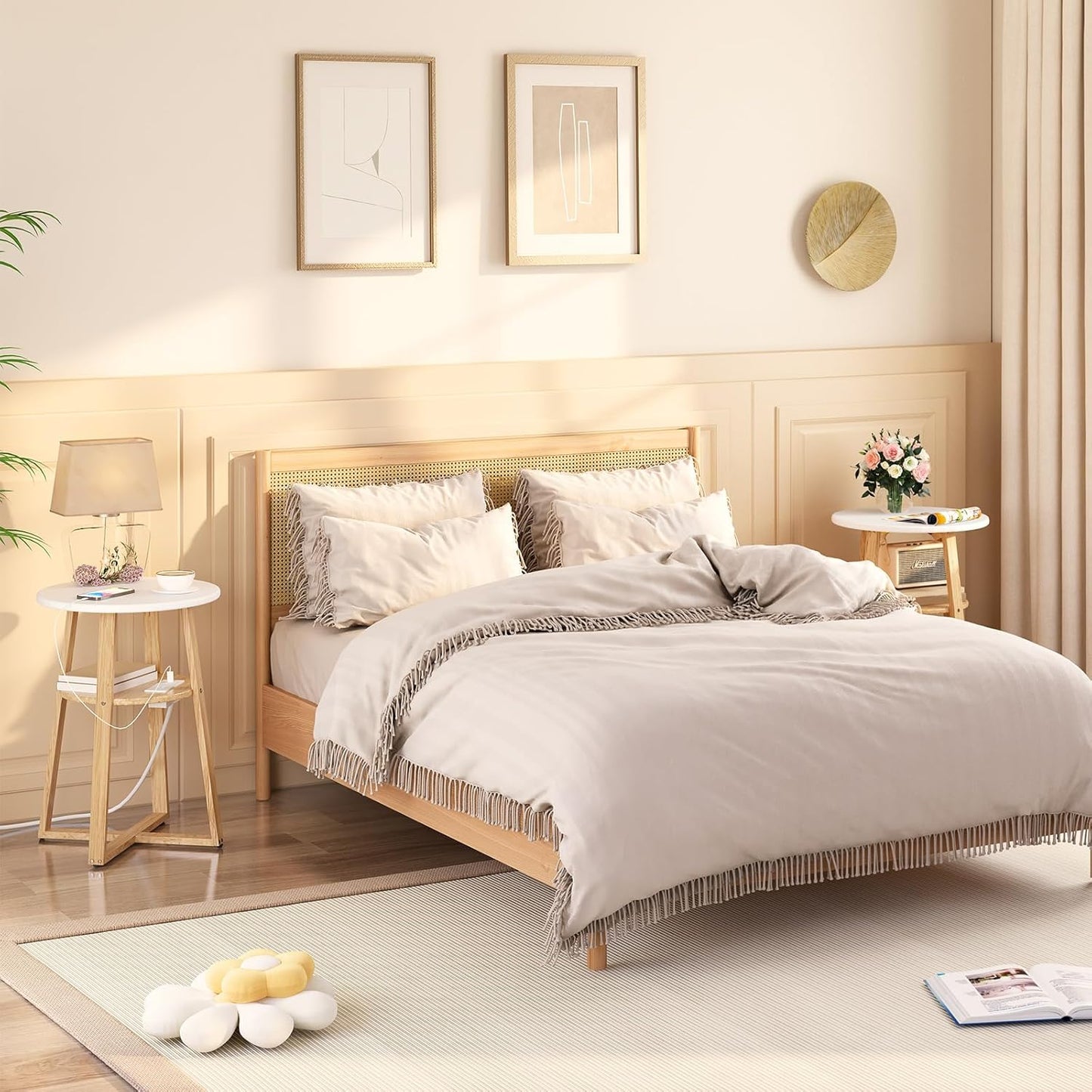 HOOBRO Round Side Table with Charging Station, Round Accent End Table with Bamboo Legs for Living Room, Bedroom, White and Natural YW101UBZ01