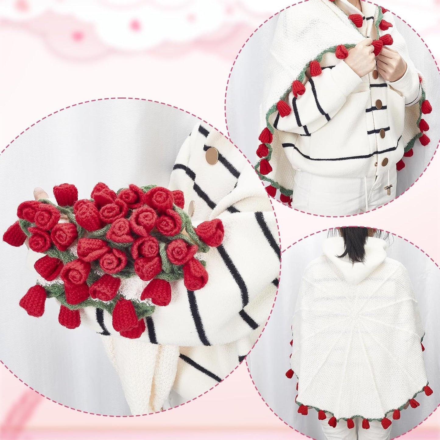 AHANDMAKER 1Pc Handmade Roses Flower Bouquet Blanket Red Roses Knitted Throw 29.9in Round Blanket for Valentine's Day Home Decor Christmas Wedding for Mom Women
