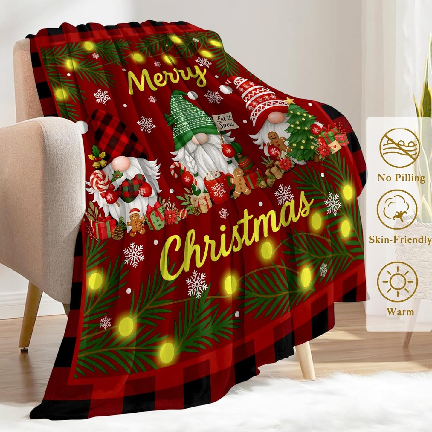 Gnome Christmas Decorative Throw Blanket, Gingerbread Tree Snowflake Print Decoration, Soft Flannel Winter Blankets for Couch Bed Sofa, Holiday Home Decor, Xmas Festival Gifts 50x60 Inch