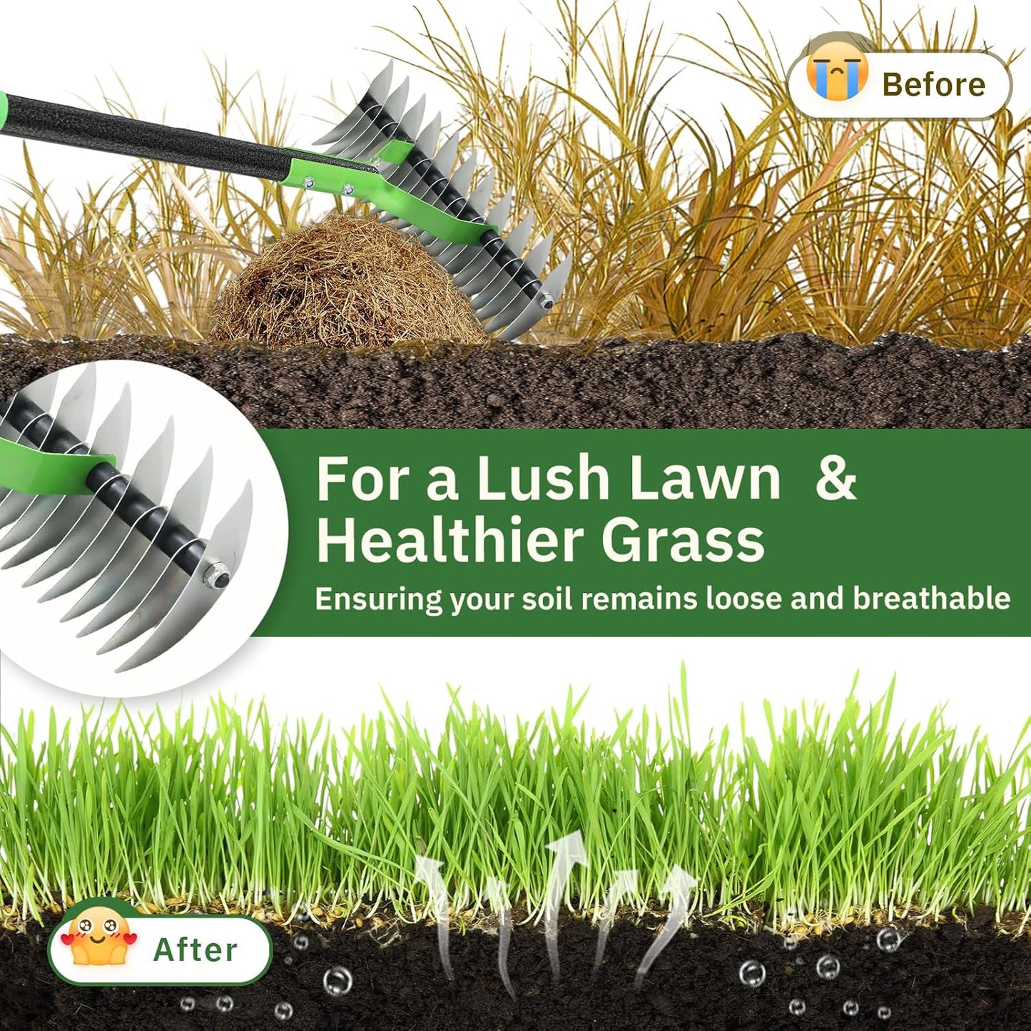Thatch Rake, 13" Wide Efficient Dethatcher Rake with 55" Adjustable Long Handle, Heavy Duty Steel Metal Dethatching Rakes for Cleaning Dead Grass, Loosening Soil, Lawn Care in Yard Garden