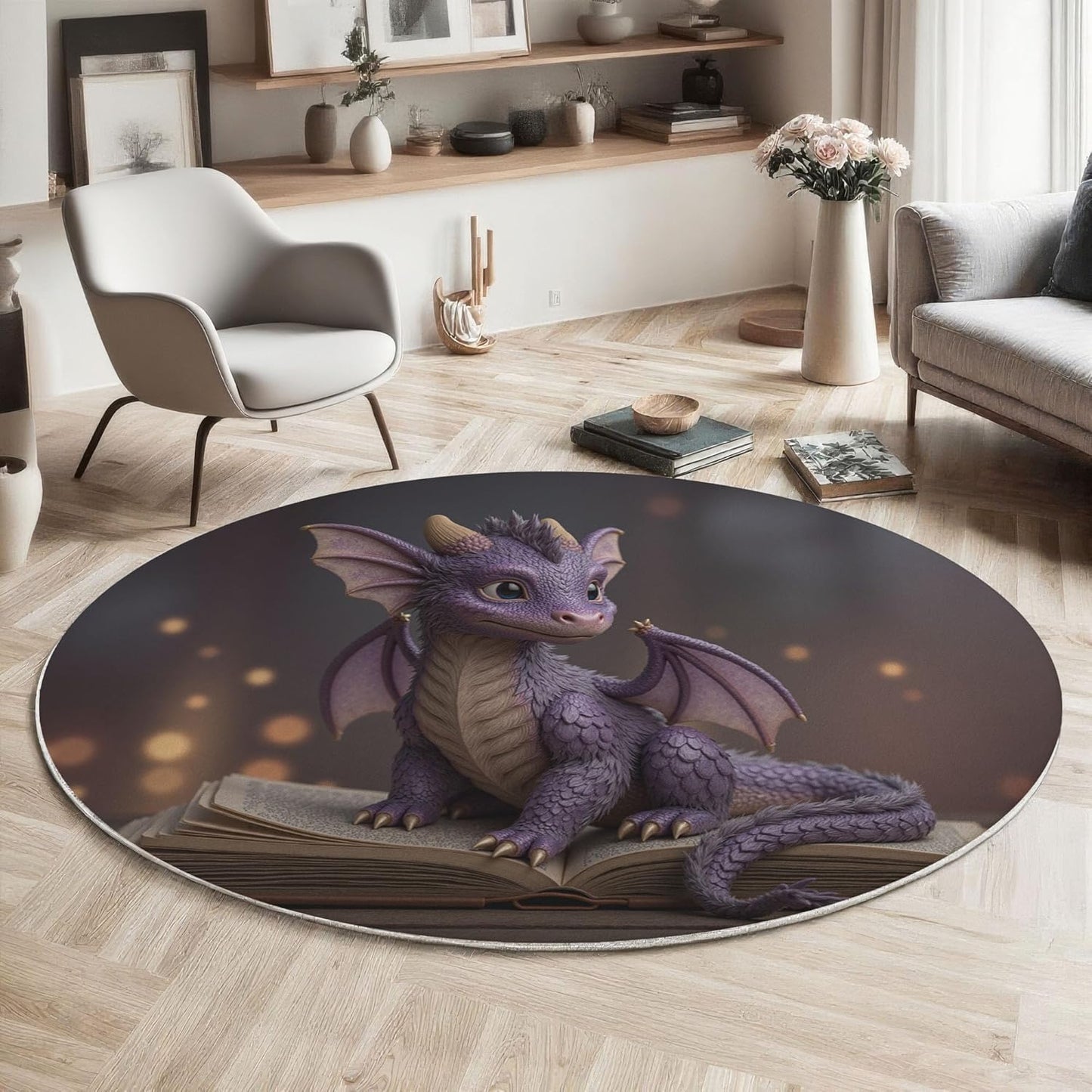 3D Fantasy Dragon Book Round Rugs 5.25Ft, Retro Animals Round Living Room Area Rug, Washable Large Soft Circle Rug for Bedroom, Non Slip Ultra Thin Floor Carpet for Dining Room, Purple