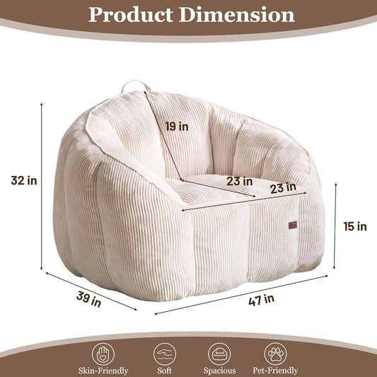 Royal Windsor Bean Bag Chairs for Adults, 47 Inch Giant Bean Bag Chair with Back Support, Large Comfy Reading Chair for Living Room, Bedroom & Dorm, Beige