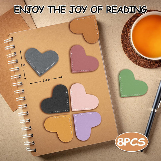 8 Pcs Leather Heart Bookmarks, UPABLUNSO Cute Heart Bookmark Corner Page Book Marks, Book Accessories for Women, Kids, Teachers, Reading Lovers, Cute Handmade Reading Gifts