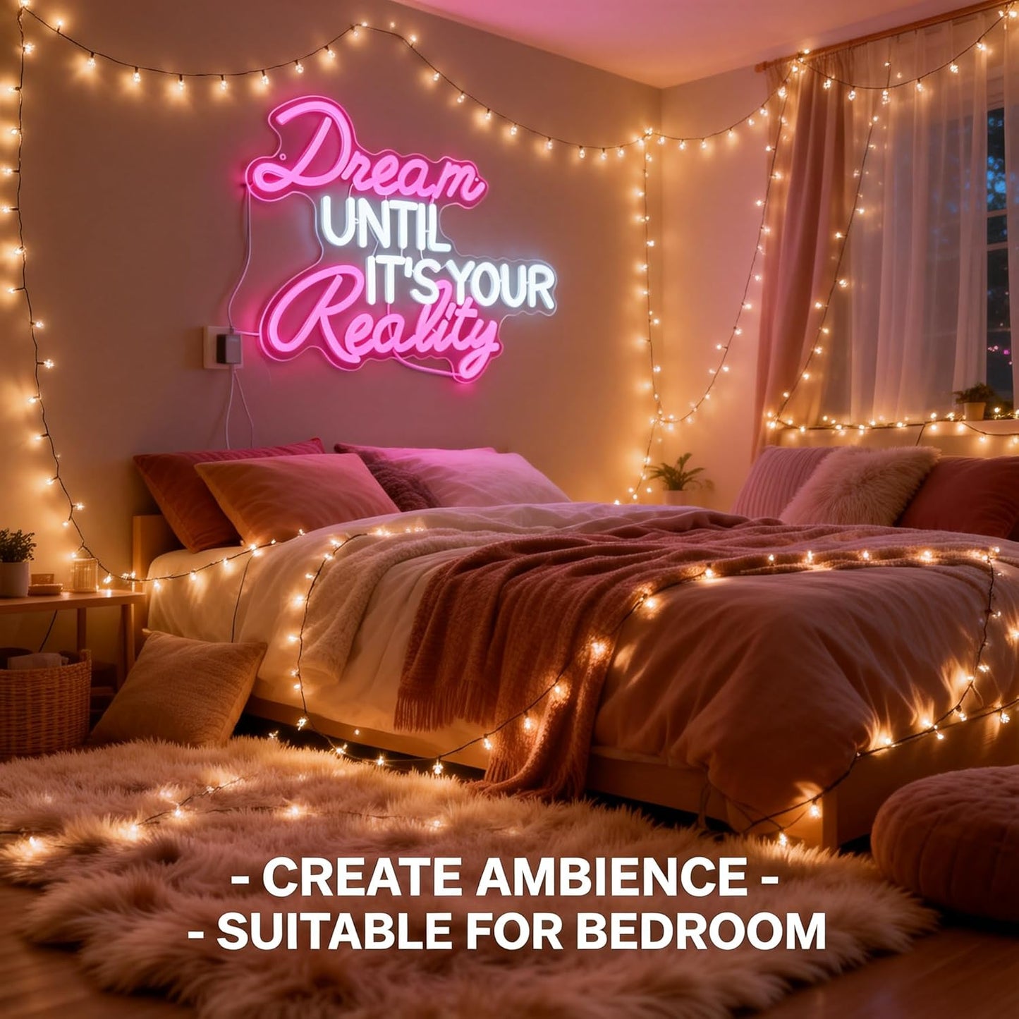 Dream Until Its Your Reality LED Neon Light,Pink Neon Sign，Bedroom, study, classroom and office decoration.16.9x12.6in 5V USB Decor,