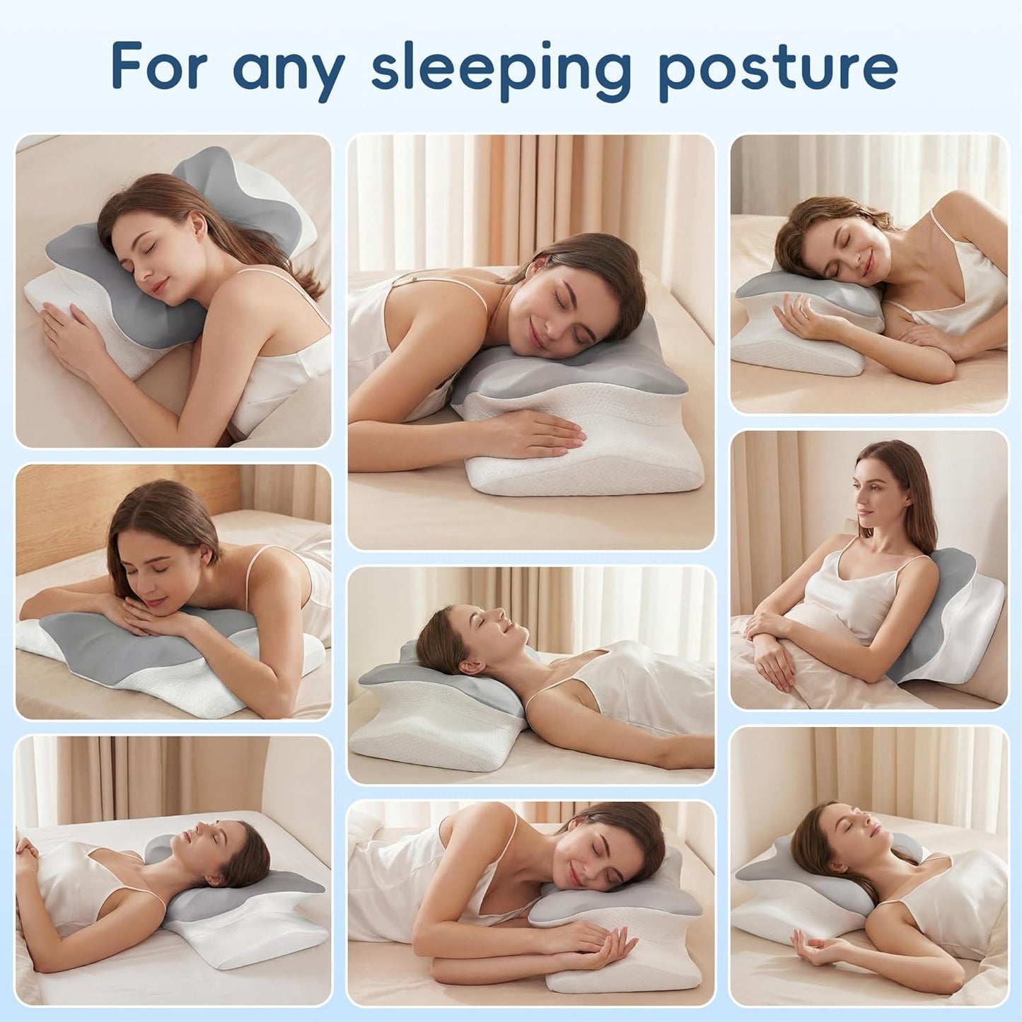 Cervical Pillow for Neck and Shoulder Support, Ergonomic Contour Pillow for Pain Relief, 2 Heights Cooling Memory Foam Orthopedic Pillow for Side Back Stomach Sleepers Grey White