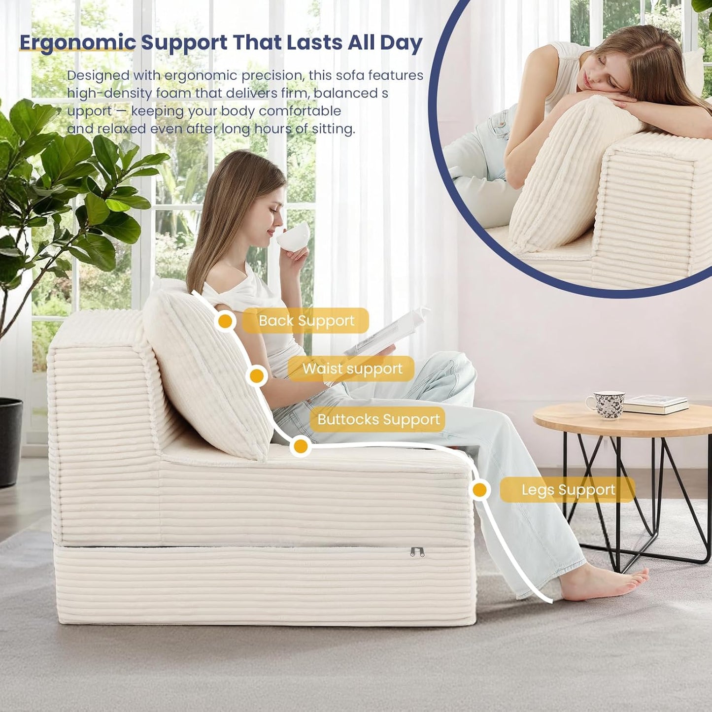 Folding Sofa Bed, Convertible Sleeper Chair with Pillow,Corduroy Comfy Floor Futon for Living Room Bedroom,No Assembly Required,Beige