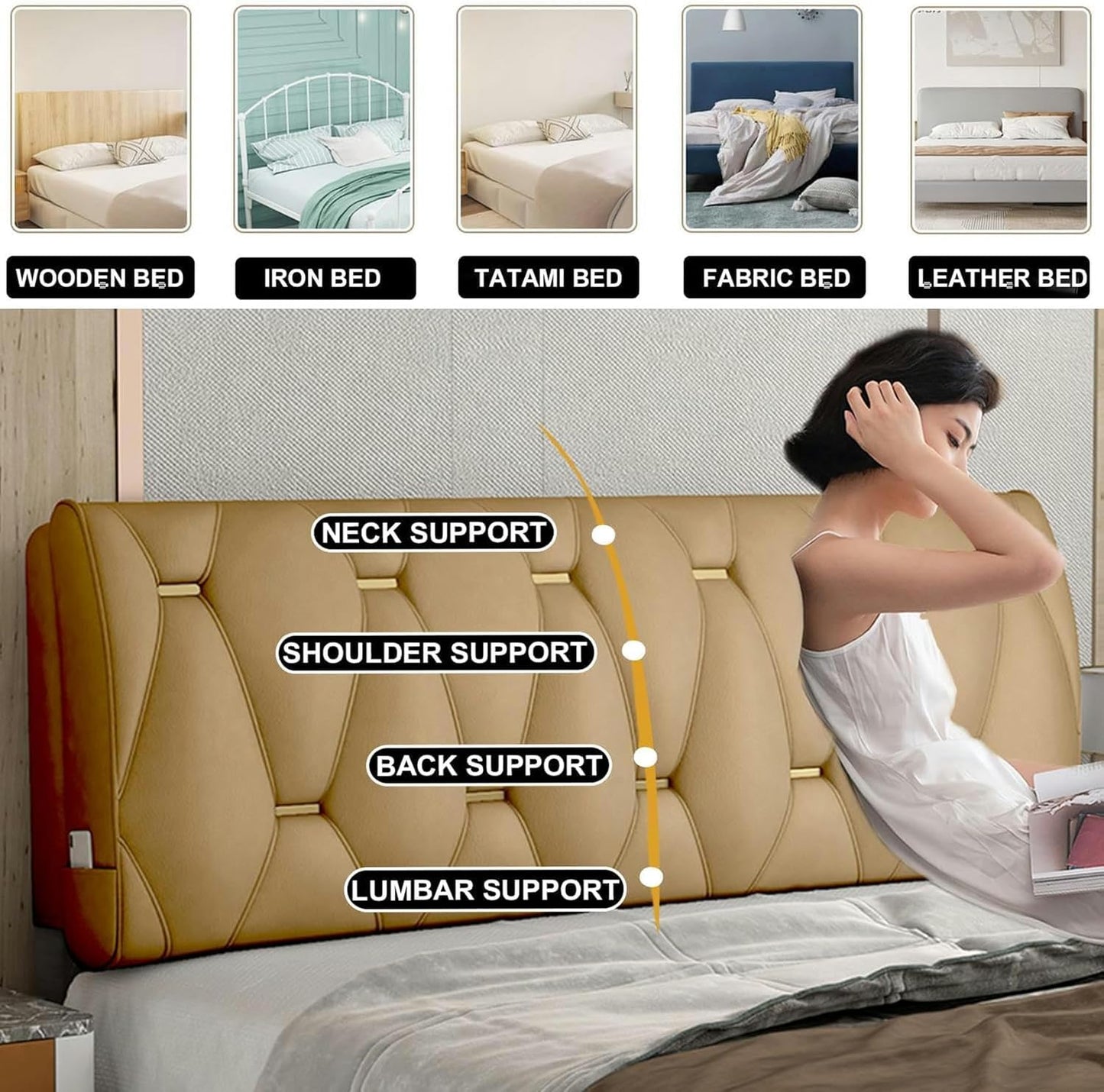 AMNOOL Wipeable Rectangle Pillow Headboard Pillow Large Backrest Solid Color Removable Pillowboard Dorm Day Bed Headboard Cushion for Resting and Reading