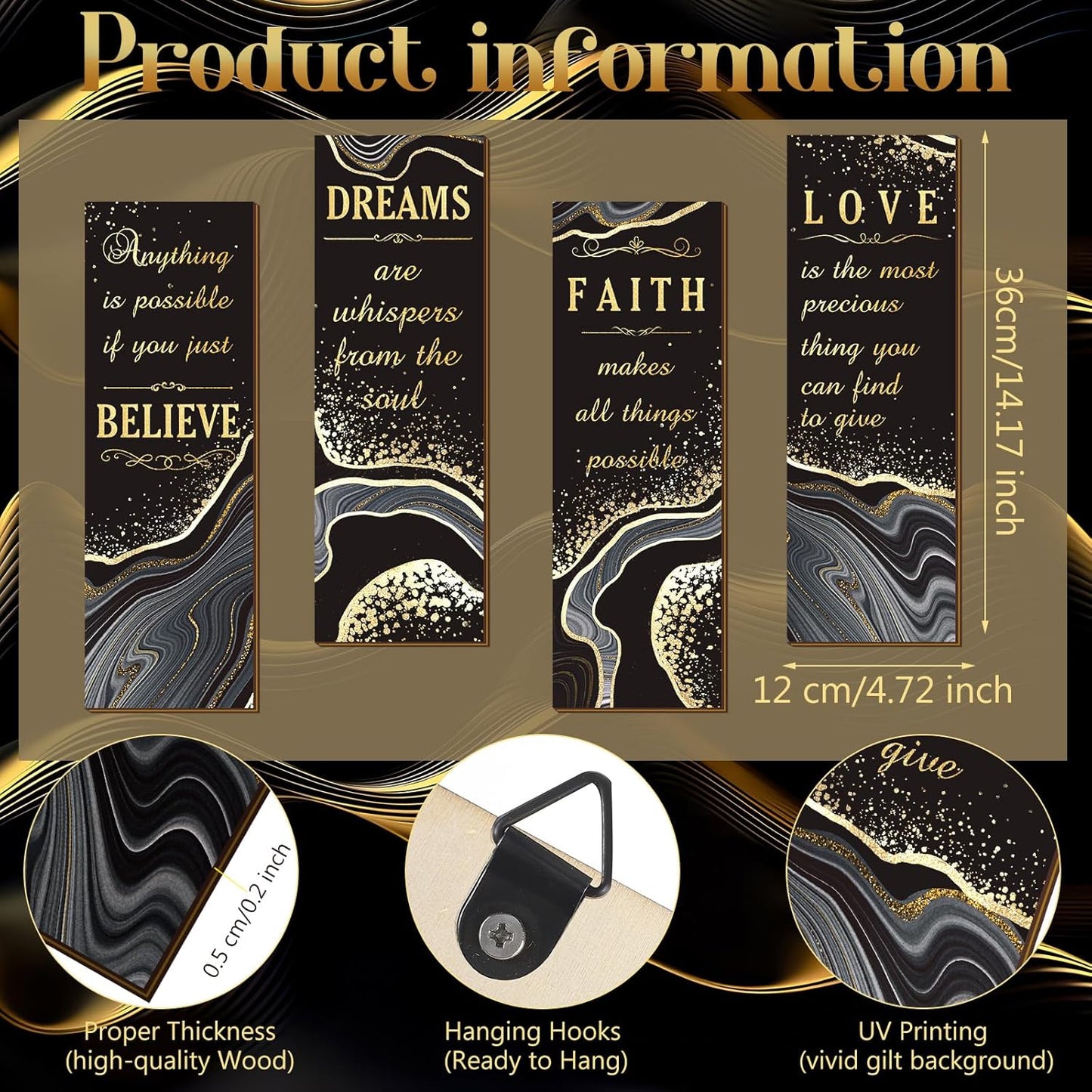 Chitidr 4 Pcs Golden Bathroom Wall Decor Inspirational Quote Wooden Sign Gold Art Signs Love Faith Believe Dream Wall Decor for Living Room Bathroom Accessories(14.17 x 4.72 Inch,Black and Gold)