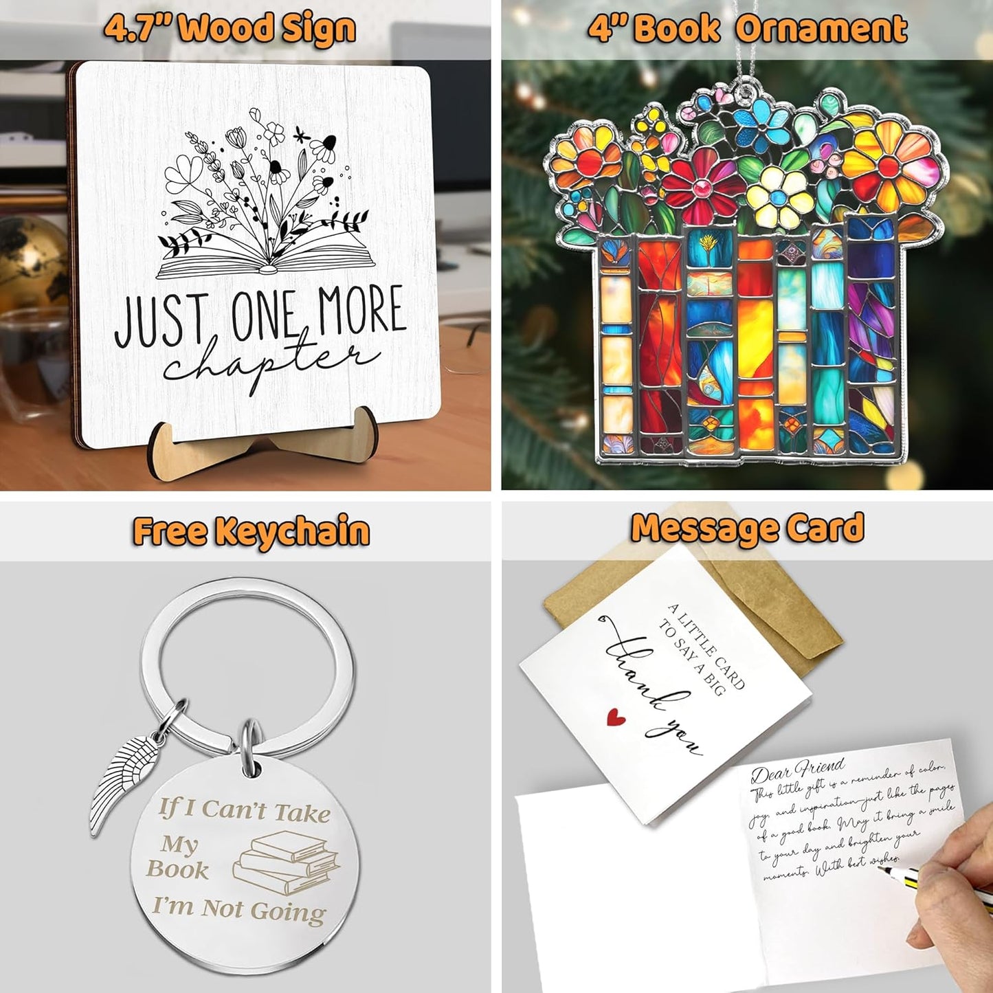 Just One More Chapter Book Lovers Gifts Set – Reading Accessories Gifts for Women, Teacher, Reader Librarian, Book Club – Book Ornament, Wooden Sign, Keychain & Card - Birthday Present Bookworms FF772