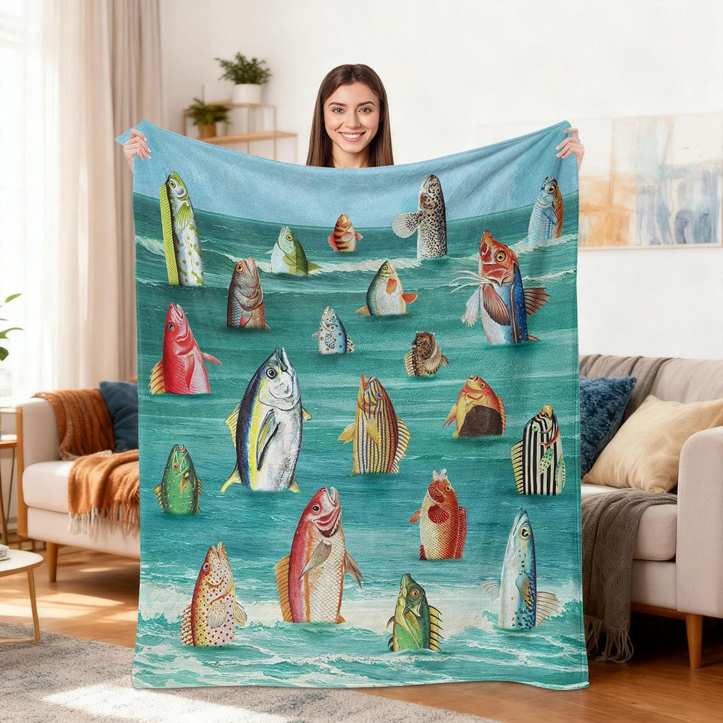 kampdream Surreal Fish Wave Flannel Blanket, Humanoid Standing Fish Art, Super Soft and Warm for Couch Sofa Living Room Ideal Gift for Friends Teal 50×60 inch