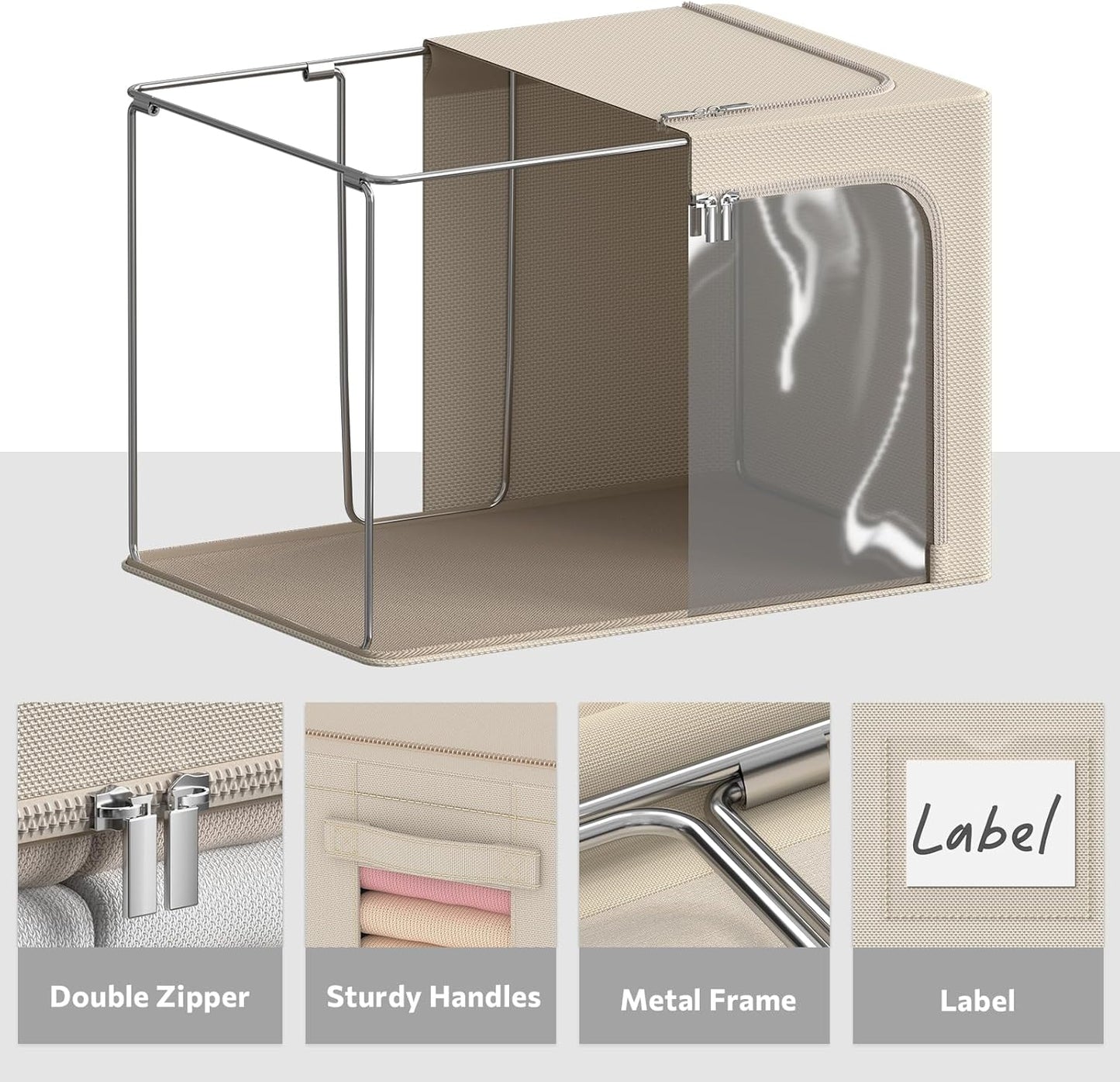 CYhom 4 Pack Clothes Storage Bins - Oxford Fabric Metal Frame Storage Box - Foldable Stackable Container Organizer Set with Clear Window & Carry Handles & Zippers (Beige, 23.6"x19.7"x15.7")