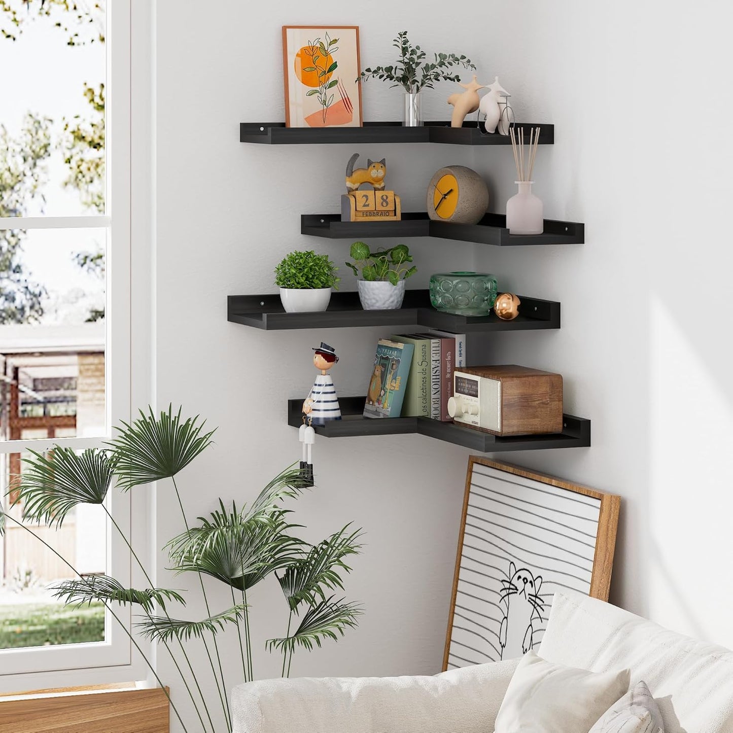 4-Tier L-Shaped Pine Wood Wall Shelf - Floating Corner Shelves with Lip, Black, Modern, Living Room, Bedroom, Bathroom Storage