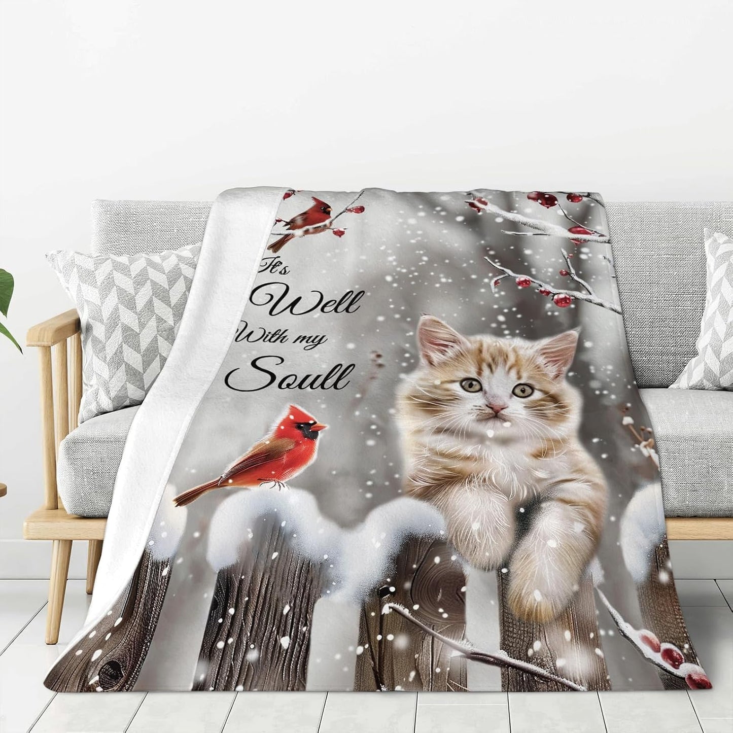 Cardinal Cat Blanket Christmas Decor Throw Blankets Cozy Fleece Flannel Soft Warm Plush Lightweight Bedding Blanket Cat Gifts for Women Cat Lover Men Adults Girls Boys for Couch Sofa Bed 40"X50"