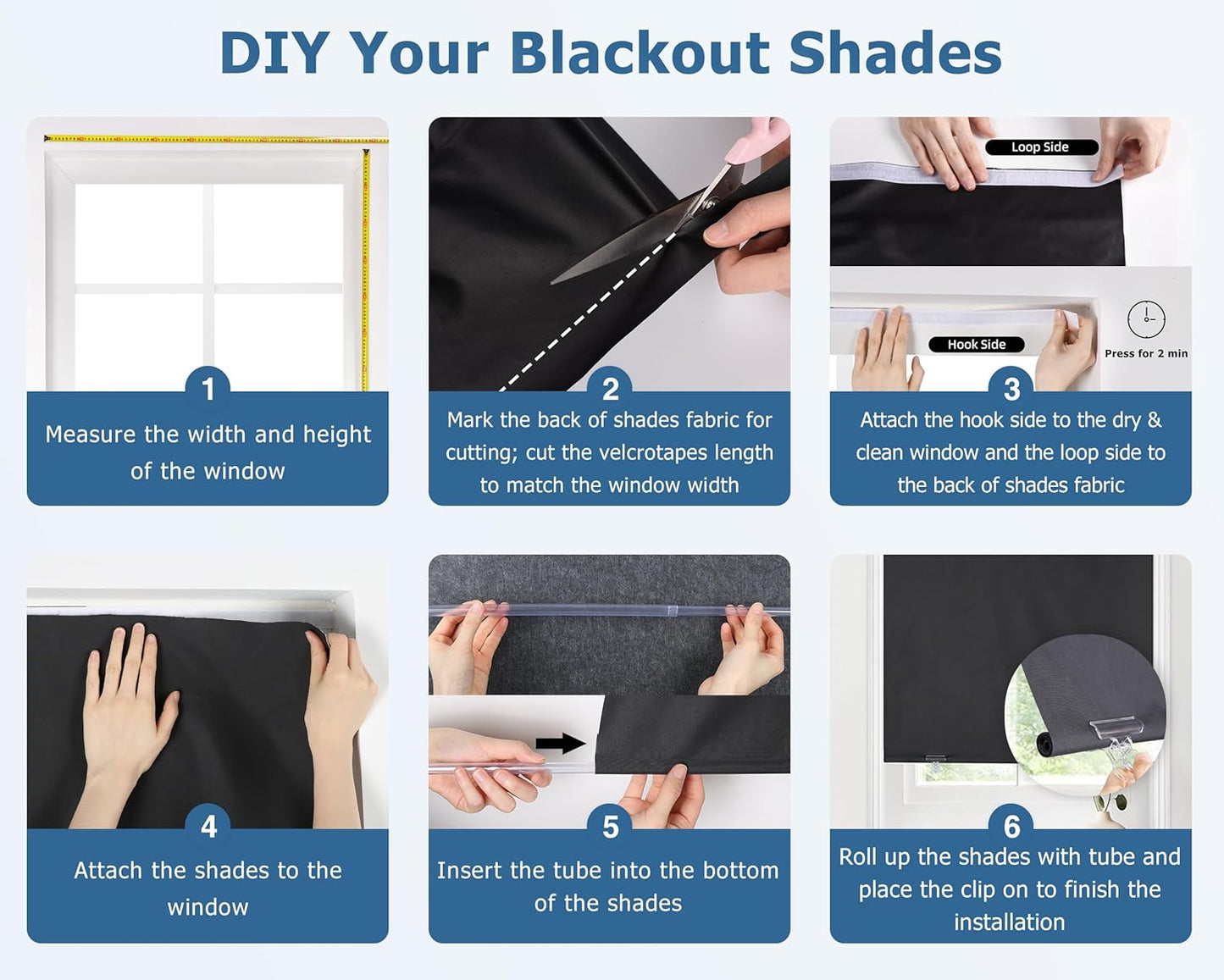 LazBlinds 100% Blackout Roller Shades, No Tools No Drill Cordless Blinds for Windows, Thermal Insulated UV Protection Privacy Window Shades for Bedroom (48''W x 72''H, Black)