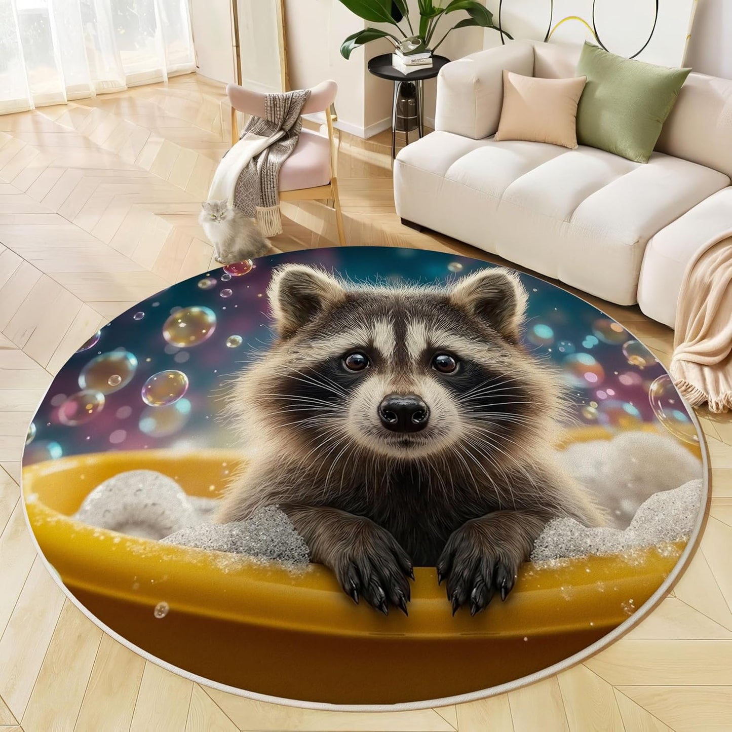 Round Area Rug, 3Ft Washable Non-Slip Blue Brown Raccoon Bubble Bath Circle Rug, Soft Low-Pile Fun Animals Indoor Small Circular Carpet for Bedroom Entryway Dining Living Room
