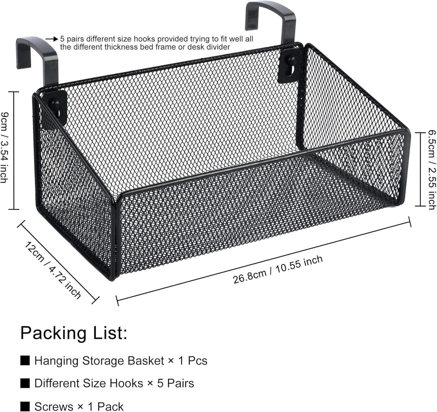 Bedside Shelf for Bed & Bunk Bed Storage Basket Office Cubical Wall Hanging Organizer - 5 Different Size Hooks - College Dorm Home Office Essentials for Phone,Book,Drink,Tissue (Black)
