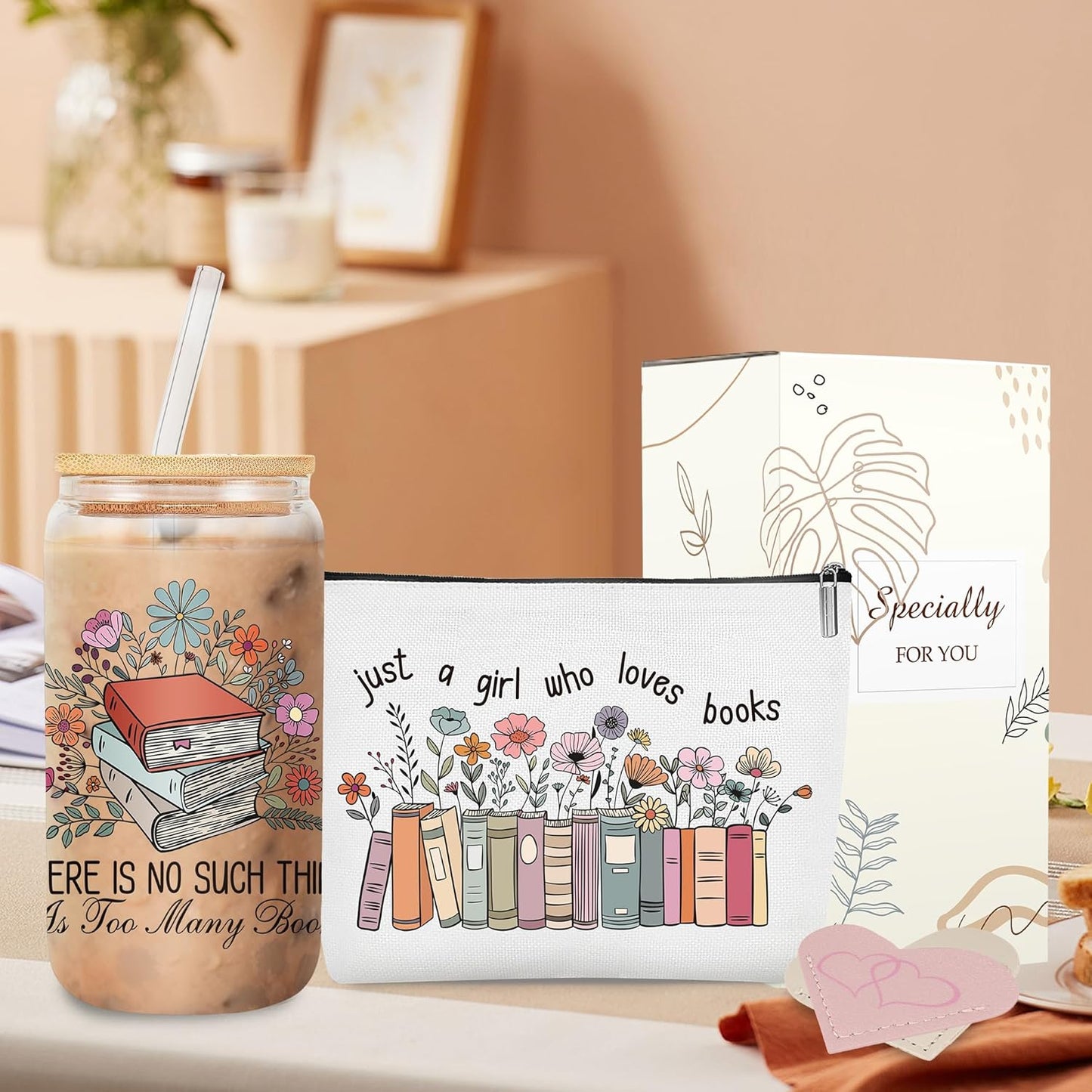 Book Lovers Gifts for Women, 5 Pcs Bookish Gift, Includes 16 oz Glass, Makeup Bag, 2 Heart Leather Bookmark, Christmas Mother's Day Birthday Present for Bookworm