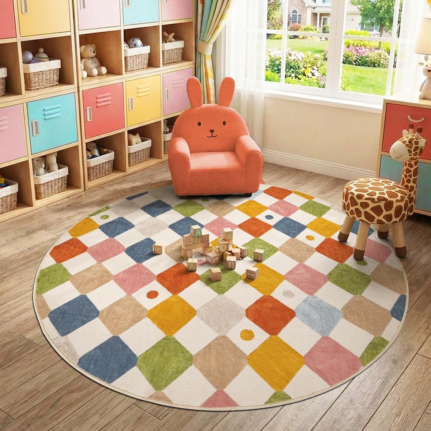 jinchan Macy 6ft Kids Round Rug for Classroom Modern Colorful Checkered Diamond Playroom Rug Indoor Washable Soft Non Slip Carpet for Nursery Living Room Bedroom Daycare Circus on Cream