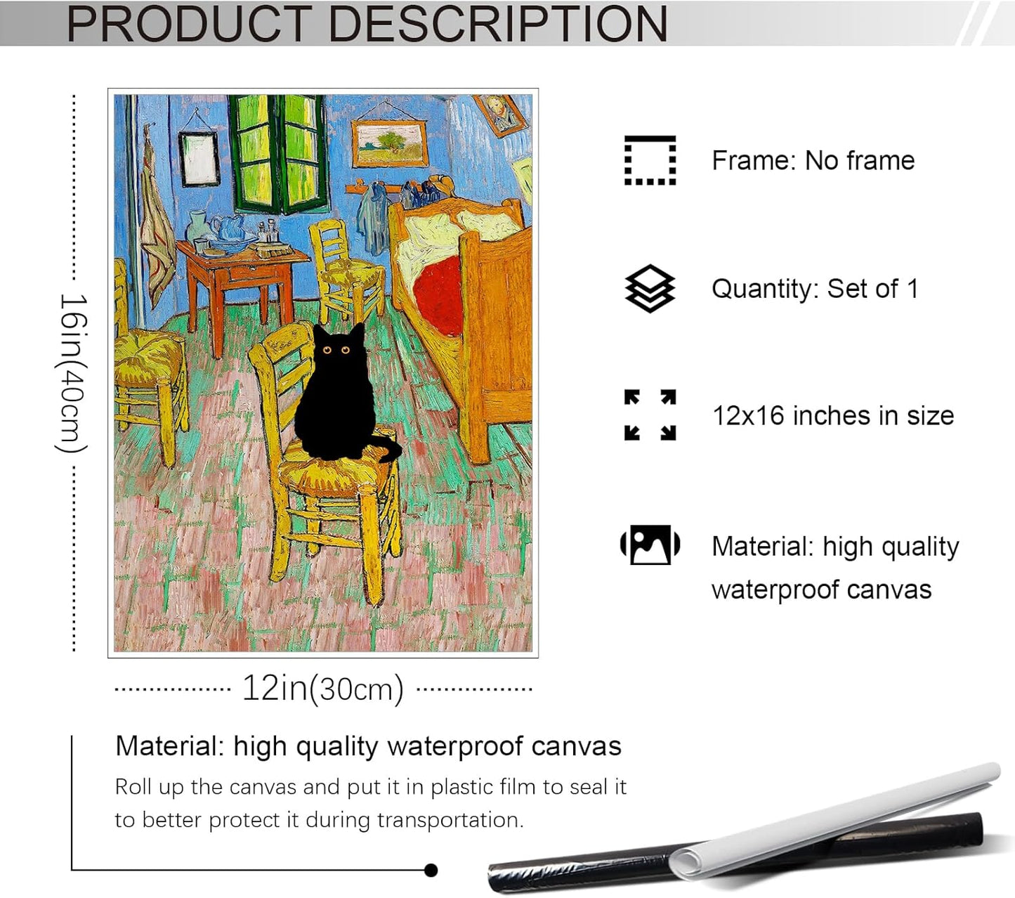 XMJJQQ Retro Vincent Van Gogh Canvas Wall Art Famous Prints Painting Bedroom in Arles Funny Black Cat Aesthetic Poster Rustic Cottagecore Farmhouse Gallery Wall Decor for Bedroom 12x16in Unframed