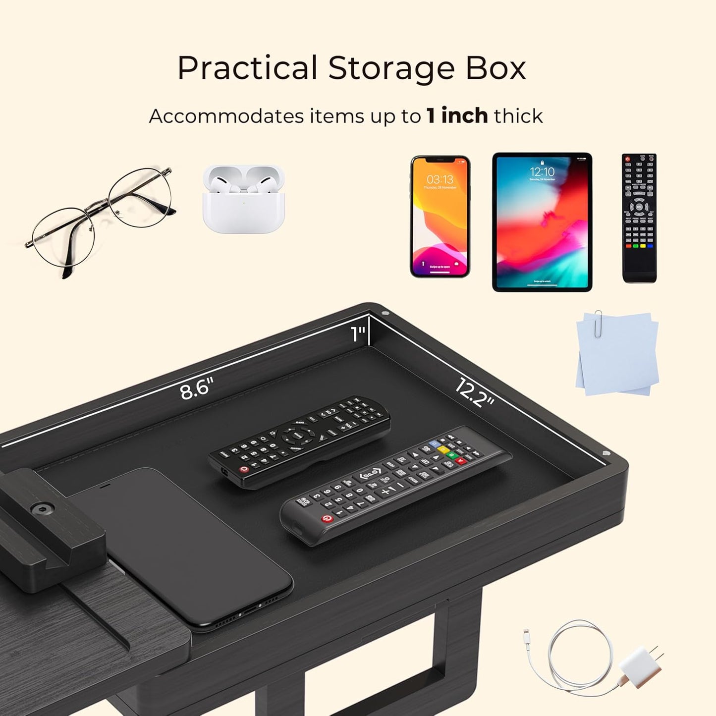 Wealone Black Couch Arm Tray for Wide Couch, Bamboo Sofa Arm Clip Table with Storage Box, Couch Armrest Tray with 360°Rotating Phone Holder, Sofa Arm Table Clip for Eating, Drinks or Dining