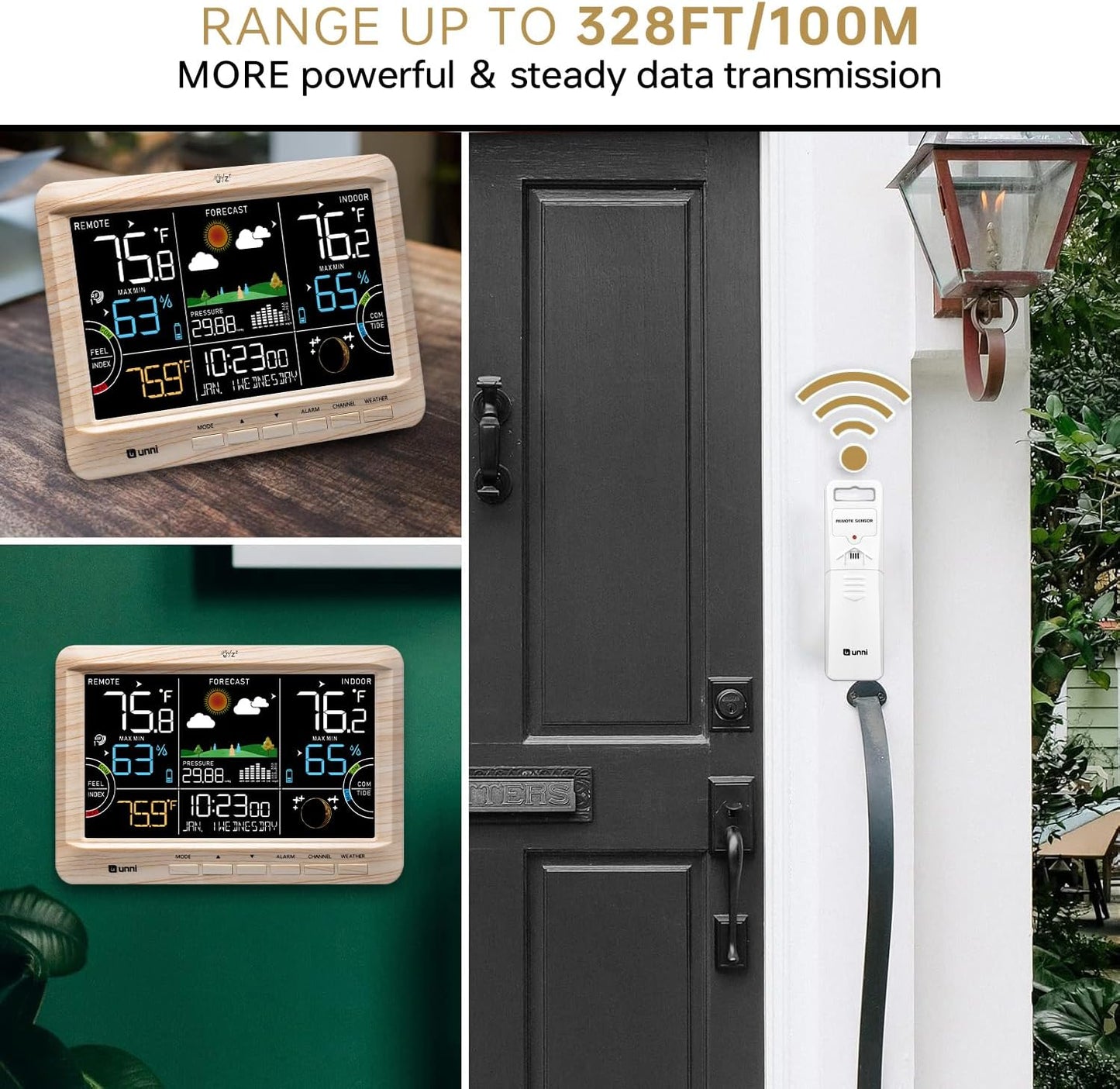 Weather Station Indoor Outdoor Thermometer Wireless, Home Atomic Clock with Large Constant Display, Inside Outside Temperature Humidity Monitor, Dew Heat Point, Barometer (WOOD01)