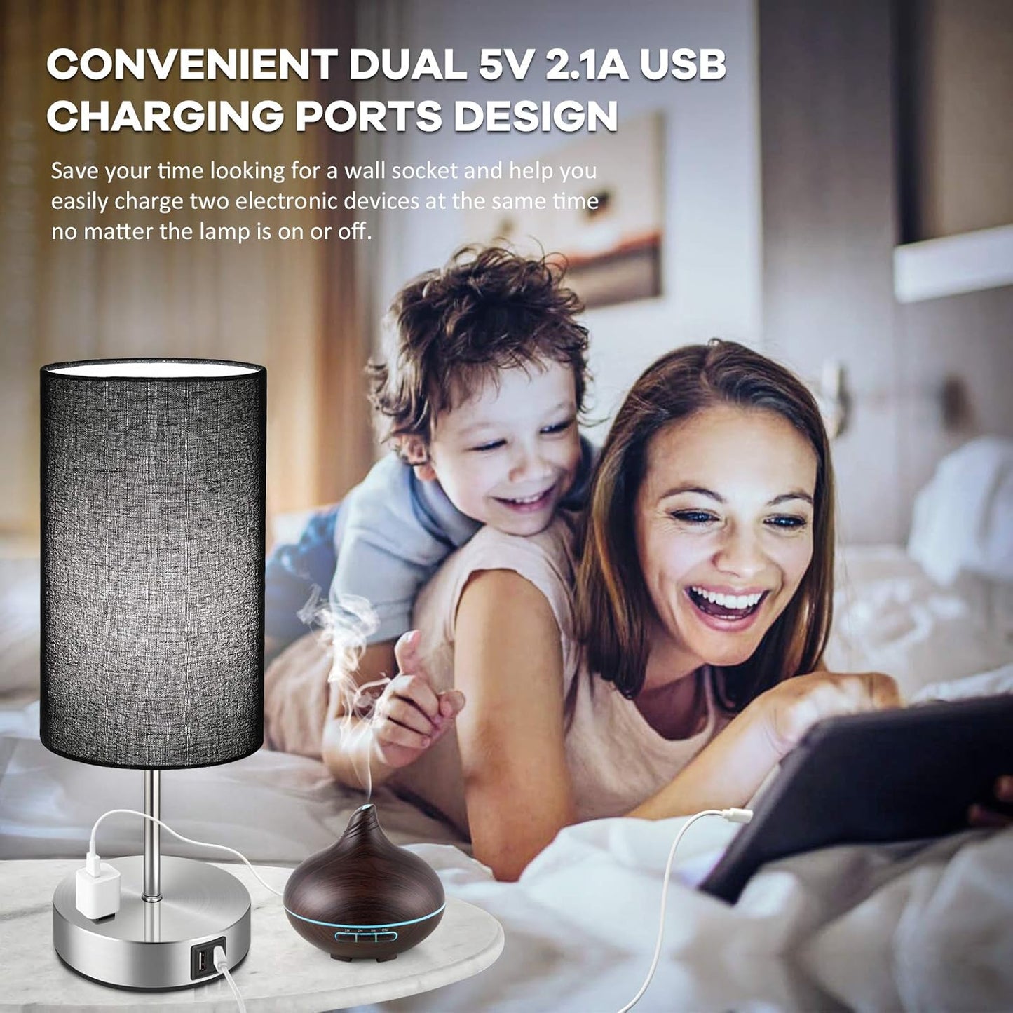 Black Touch Control Table Lamp Set of 2, with 2 USB Charging Ports&AC Outlet, 3-Way Dimmable Bedside Nightstand Lamps with Fabric Lampshade for Reading, Bedroom, Living Room, A19 LED Bulbs Included