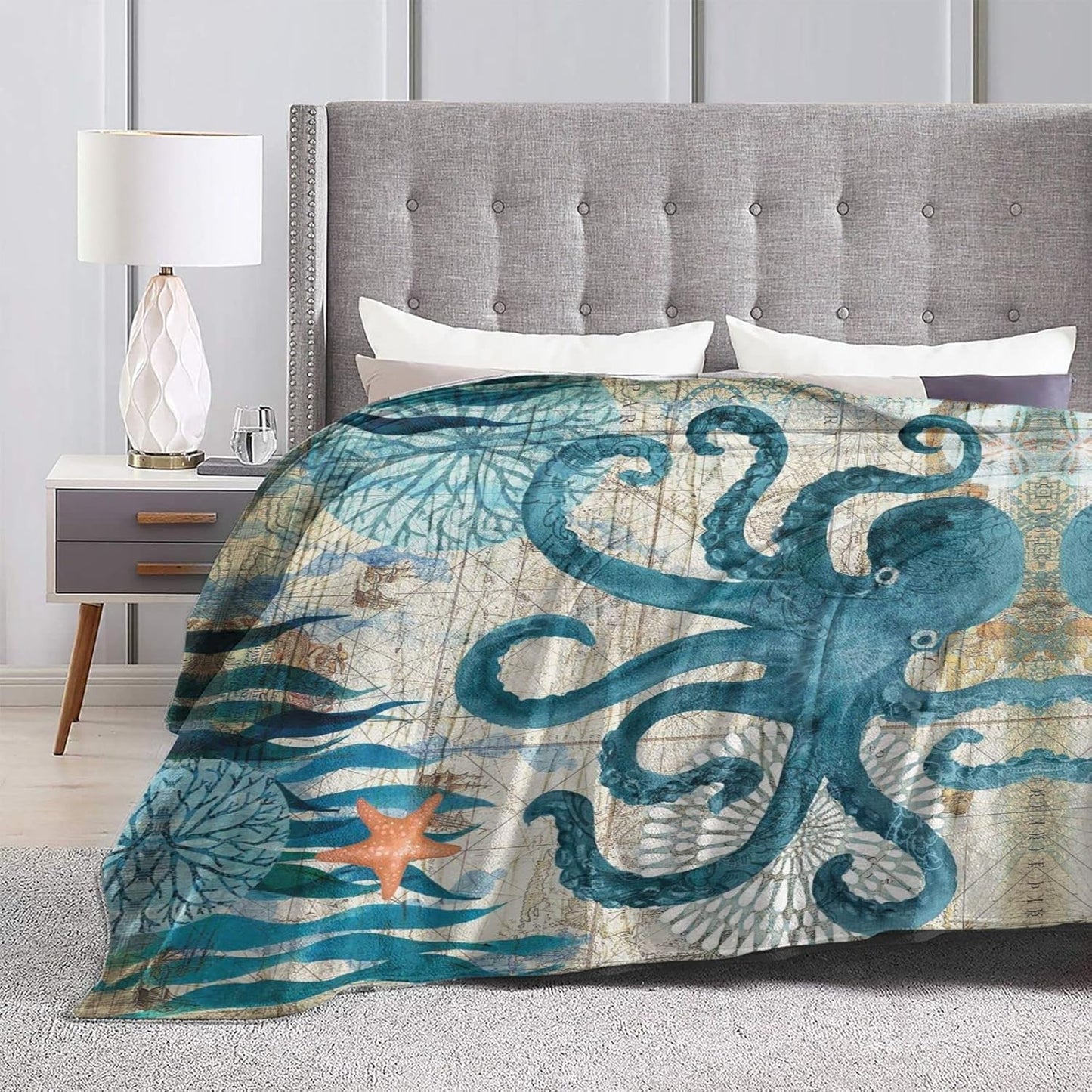 Blue Octopus Nautical Map Fleece Throw Blanket Ultra Soft Cozy Decorative Flannel Blanket All Season for Home Bed Couch Chair Travel 80x60in