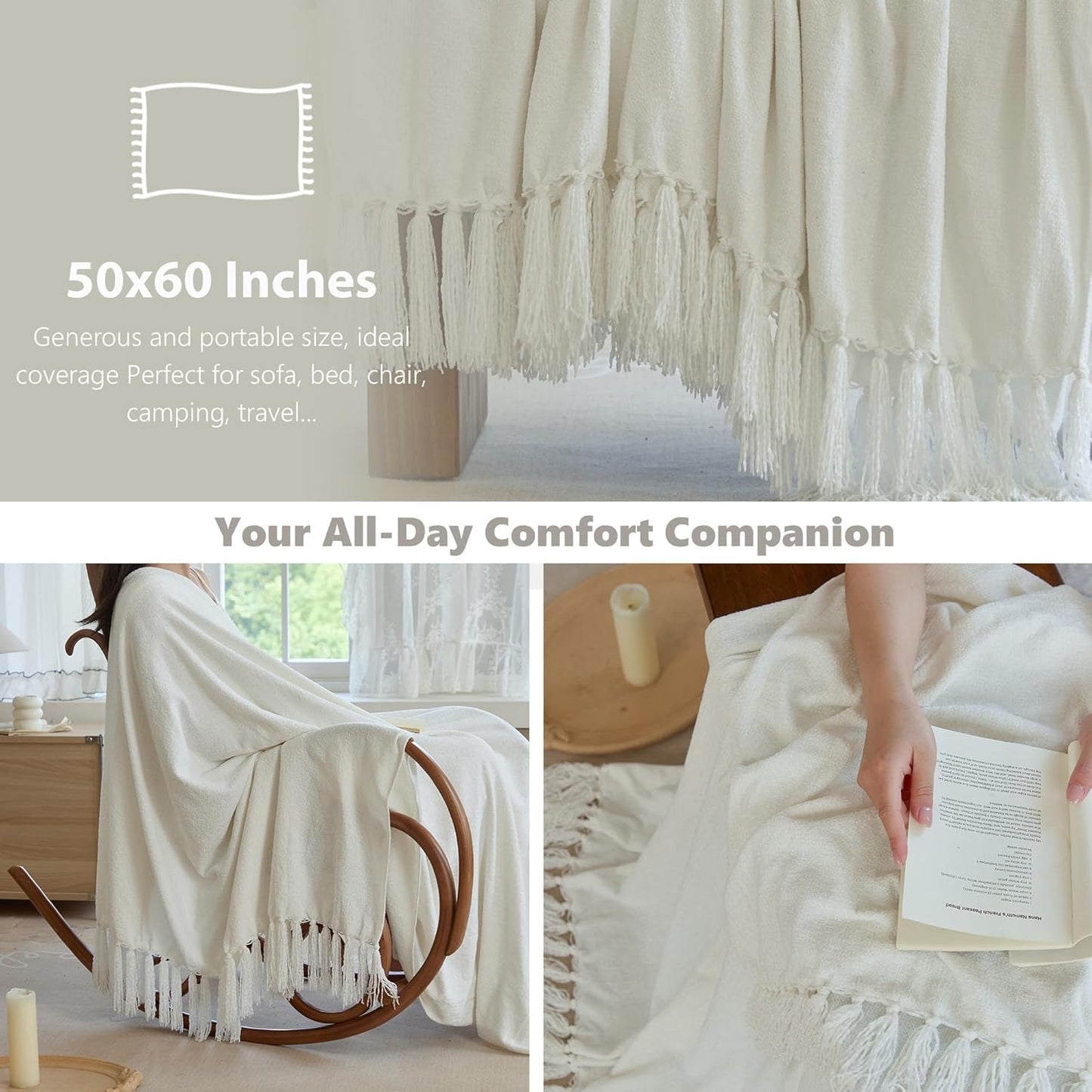 Simple&Opulence Soft Chenille Throw Blanket 50'' x 60'' - Cozy Fluffy Blanket with Fringe Tassel, Farmhouse Boho Blankets for Couch Bed Office Chair Gift Home Decor All Season Use, Cream
