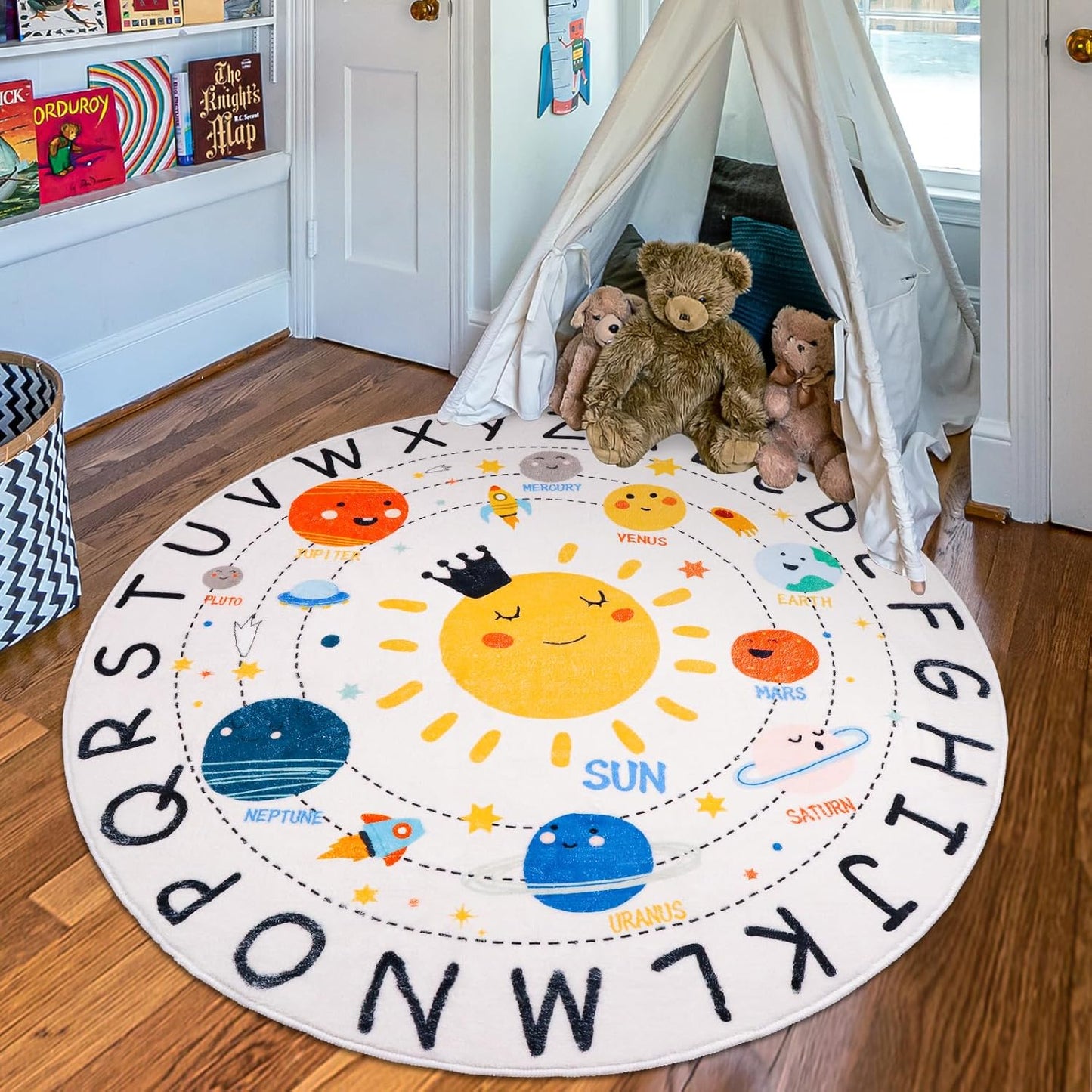 ABC Kids Rug,4 ft Washable Nursery Rug,Soft Plush Educational Circle Rug,Non-Slip Solar System Alphabet Rugs for Classroom playroom Bedroom Kids Room Decor
