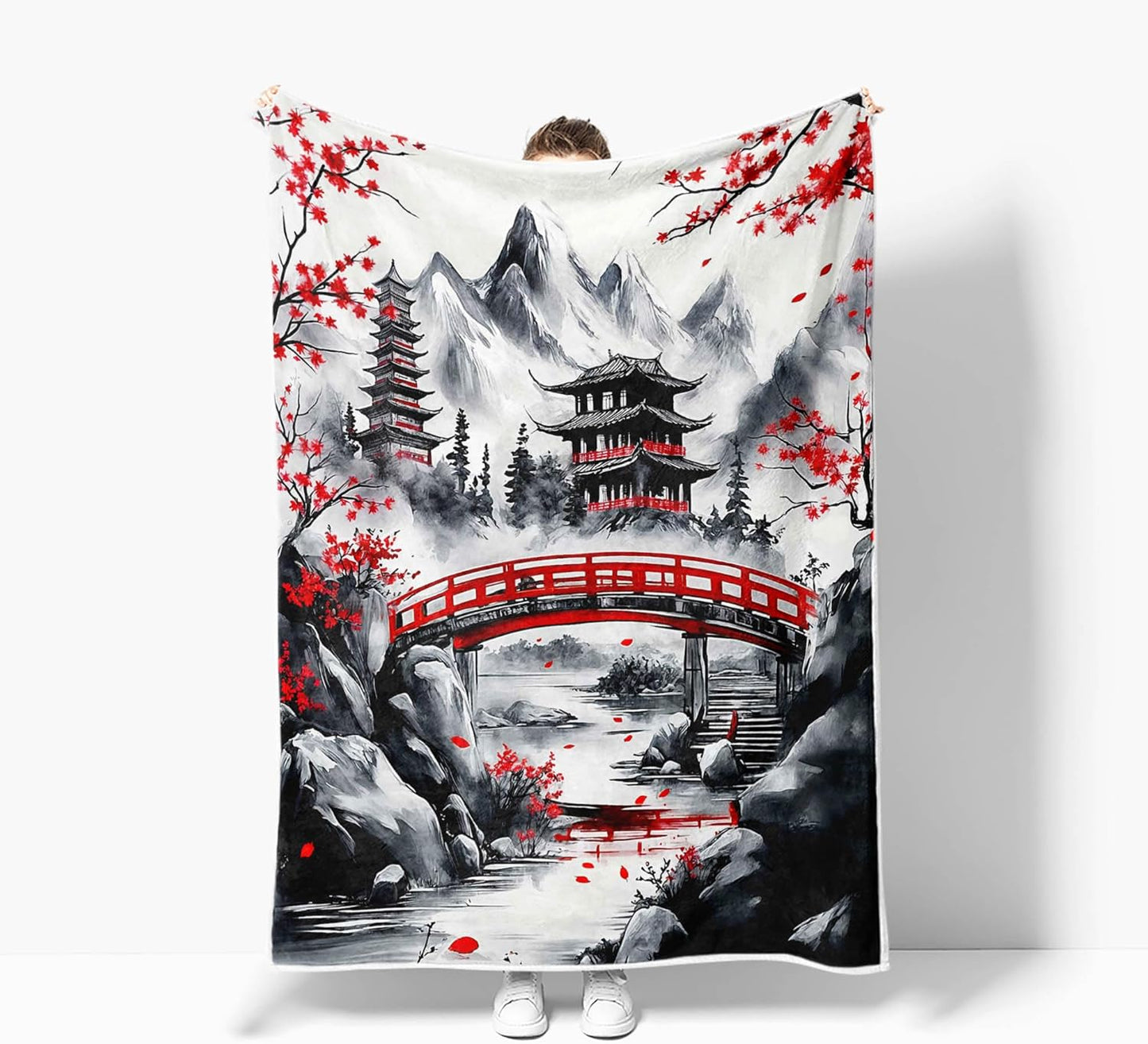 DYNH Japanese Cherry Blossom Throw Blanket, Mountain Cherry Branches Red Sun Ink Painting Asian Nature Scenery Soft Warm Flannel Black White Grey Throw Blanket,50X60
