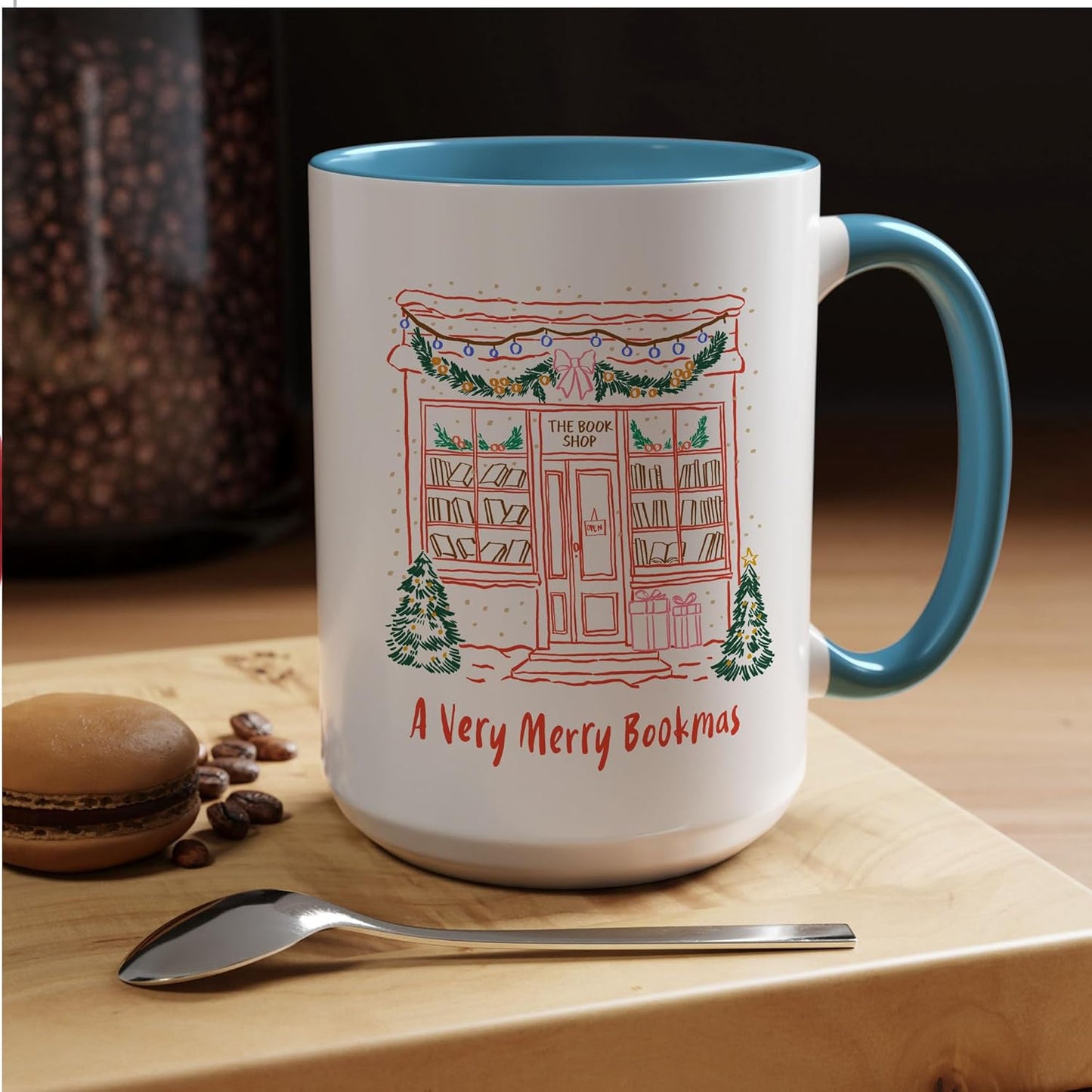 A Very Merry Bookmas Christmas Book Lover Coffee Mugs, Xmas Two-Tone Accent Ceramic Cups, Holiday Gifts, 11oz 15oz