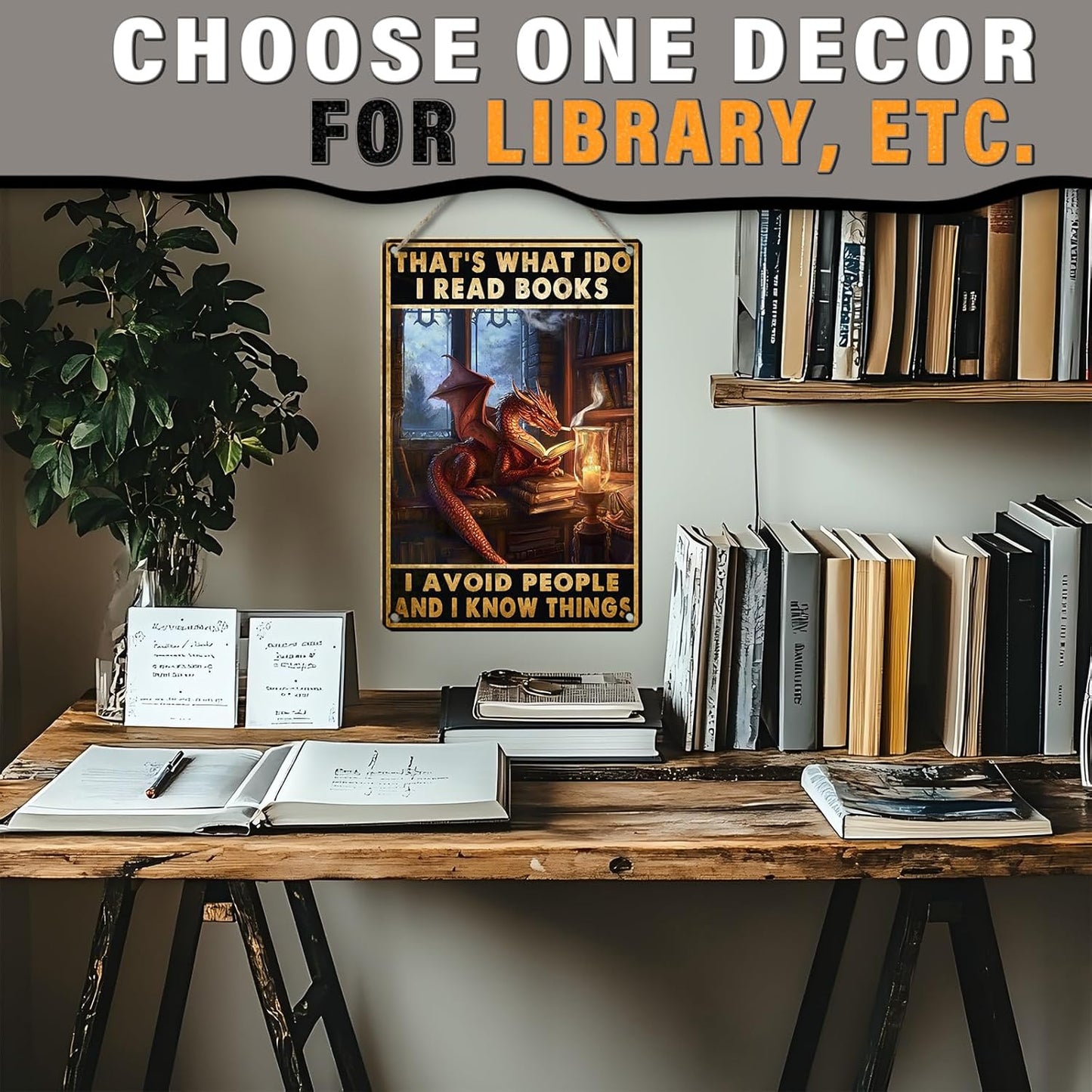 PEACHGARDEN Dragon Decor Bookish Metal Sign That's What I Do I Read Books Dragon Poster Vintage Wall Art Decor for Bookshelf Library Reading Corner Office Bar Living Room 8x12inch