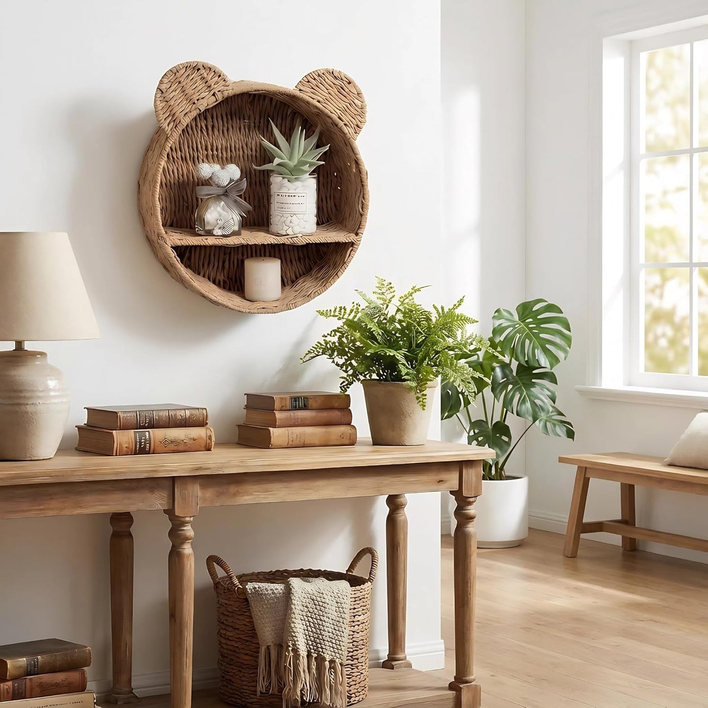 Bear Nursery Decor Wall Shelf, Handwoven Wicker Nursery Shelves for Wall, Wall Mounted Nursery Bookshelf for Small Books, Toys & Decor
