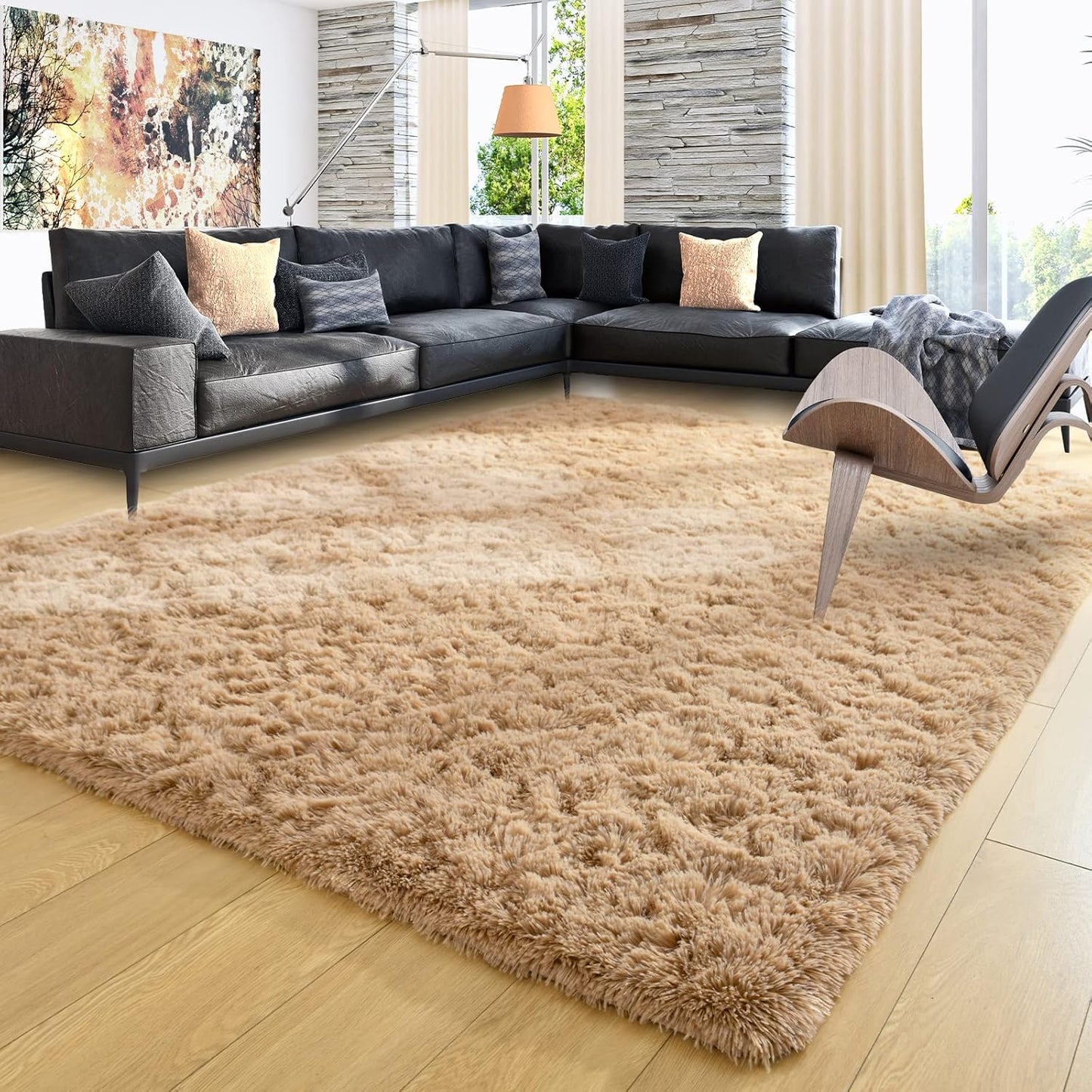 Ompaa Beige 8x10 Feet Large Area Rugs Fluffy Living Room Carpet, Wall to Wall Big Shag Light Tan Rug for Bedroom Kids Playroom Classroom Nursery Home Office Decor