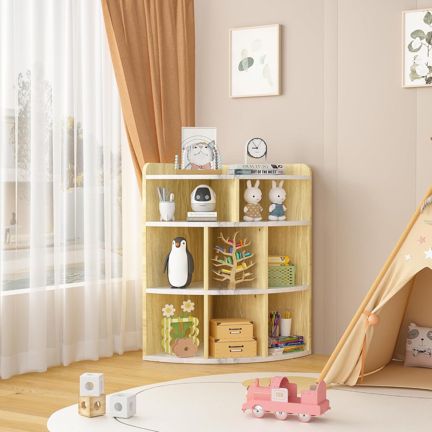 VECELO 3-Tier Corner Cabinet with 8 Cubbies, Wooden Cube Storage Organizer, Modern Bookshelf Units for Playroom, Bedroom, Living Room, Marble White