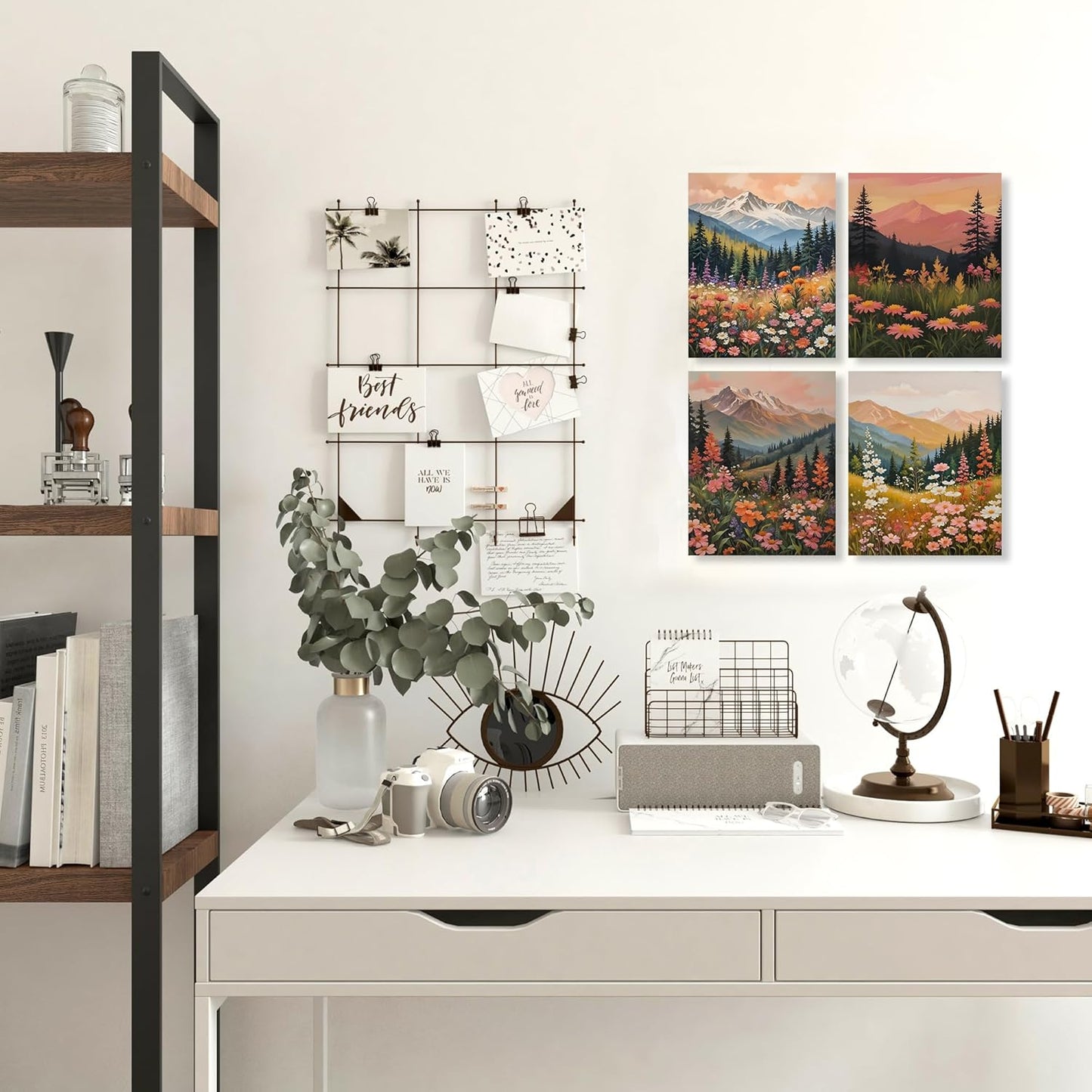 LUKIPOM Boho Maximalist Mountain Floral Wall Art Posters Set of 4, Colorful Wildflower Field Mountain Landscape Canvas Prints Artwork Wall Decor for Bedroom Home Office, 8x10 Unframed