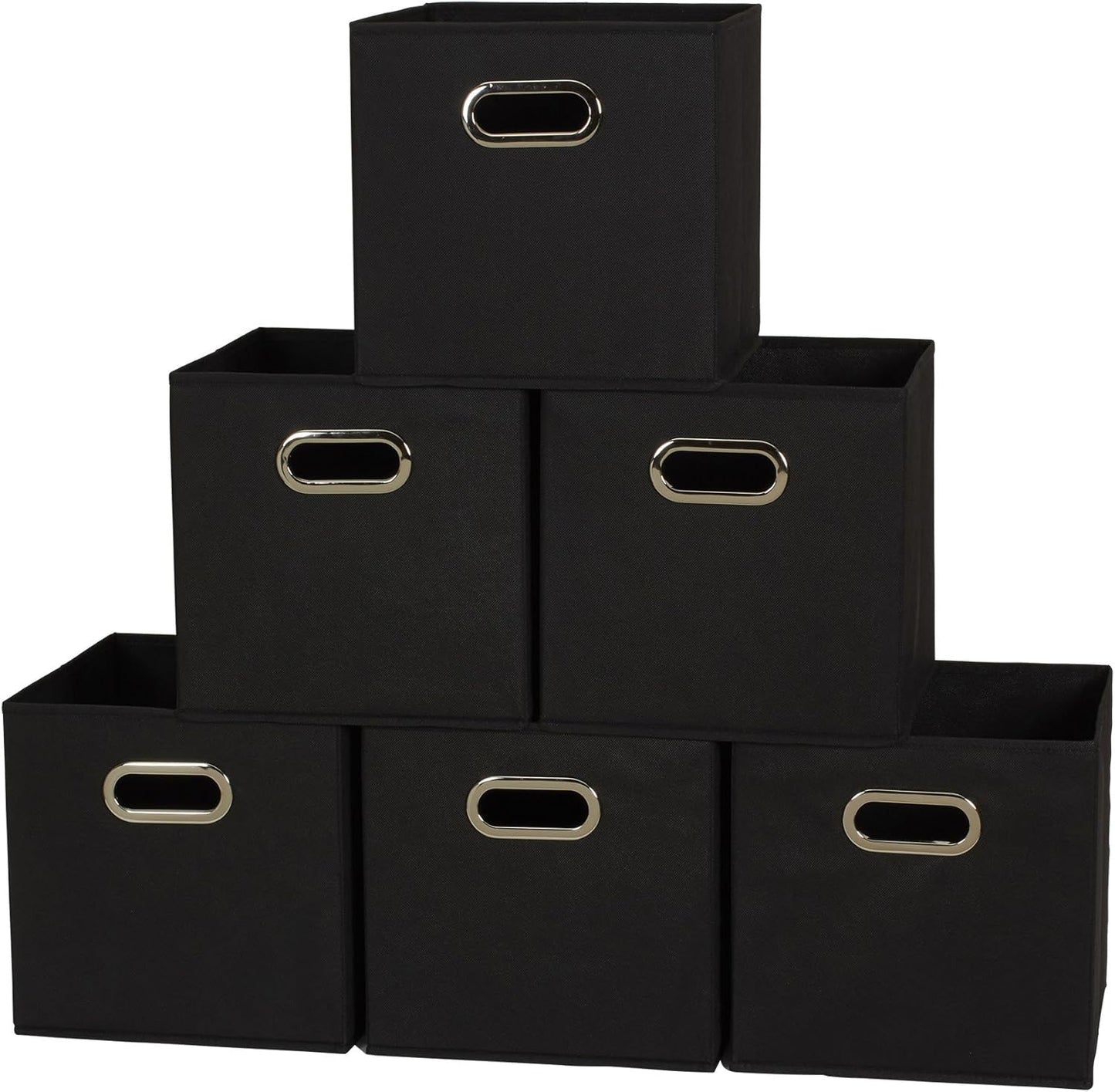 Household Essentials Foldable Fabric Storage Bins 6 Piece Set, Strong Poly-Woven Fabric, Sturdy Chipboard Sides, Grommet Front Handle, Stackable and Foldable, Classic Design, Black