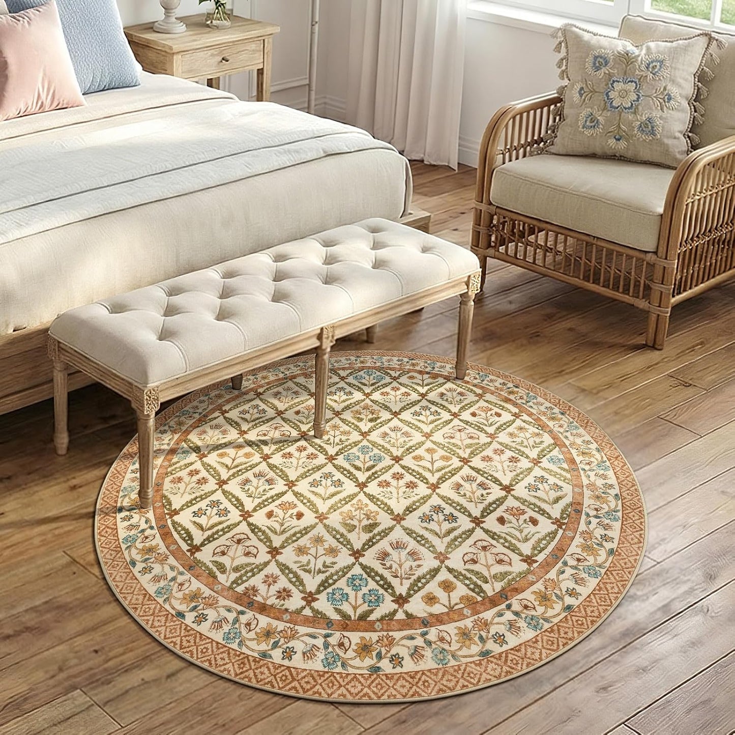 jinchan Haden Round Rug 5ft Vintage Floral Washable Rug for Entryway Kids Room Soft Non-Slip Low Pile Circle Carpet Nursery Living Room Reading Nook Cottage Indoor Decor Terracotta