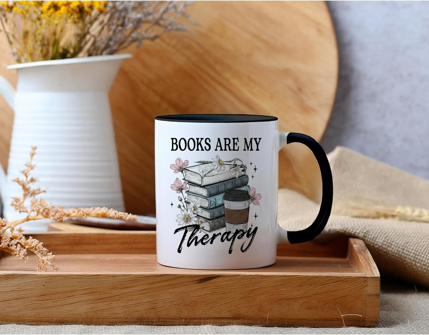 Book Lover Gifts - Books Are My Therapy Mugs with Black Handle, Bookish Coffee Mug with Stacked Book Design, Birthday, Christmas Gifts for Books Lovers Women, Bookworm Mugs for Readers