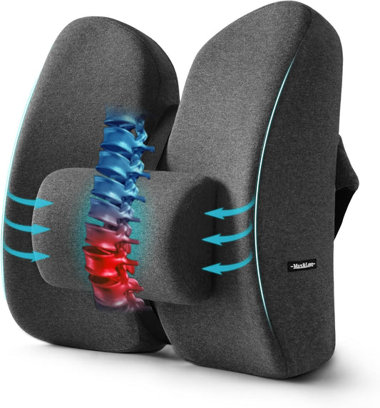 Max&Love Lumbar Support Pillow, Memory Foam Back Cushion for Office Chair, Ergonomic Design with Breathable Mesh Cover, Gray