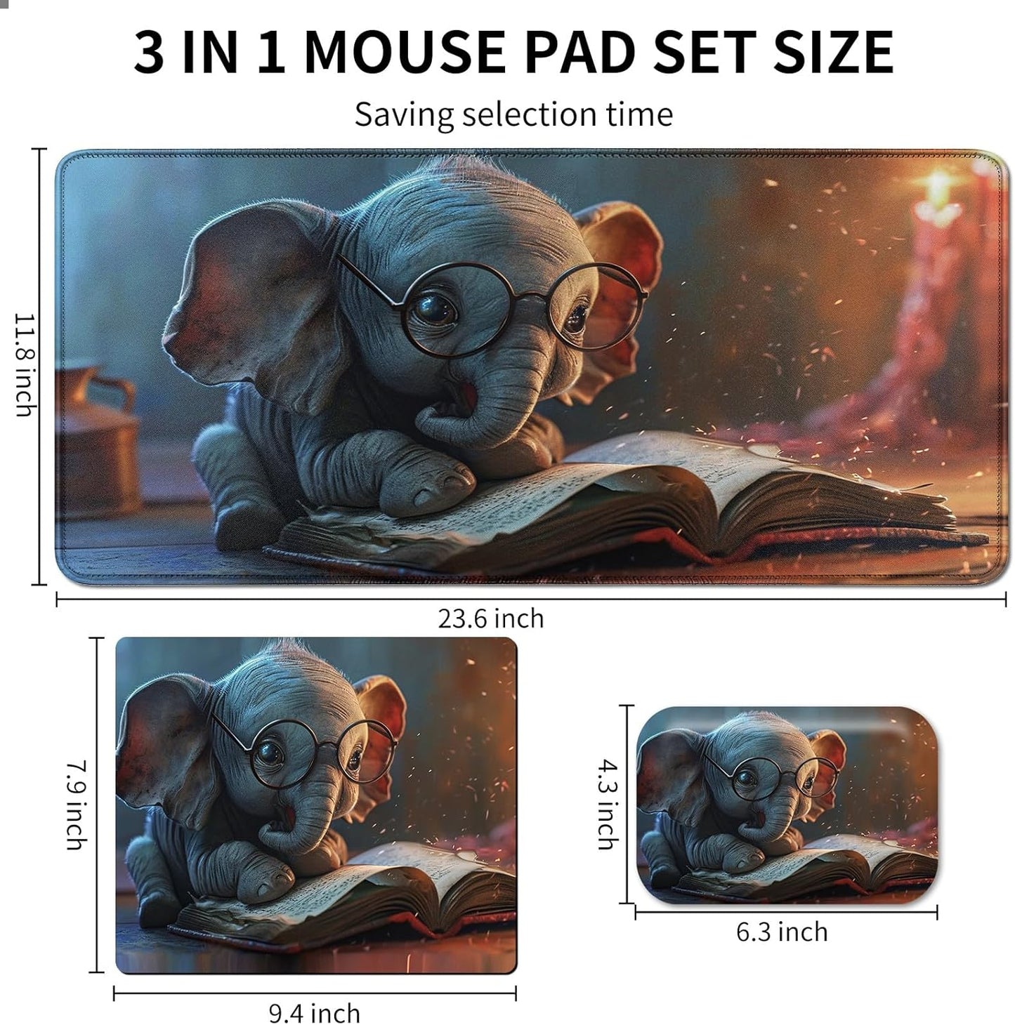 Desk Mat + Mouse Pad + Mouse Wrist Rest,3 PCS Set Ergonomic Memory Foam Mouse Wrist Rest with Durable Anti-Slip Rubber Base for Office,Home & Easy Typing Pain Relief,Reading Elephant
