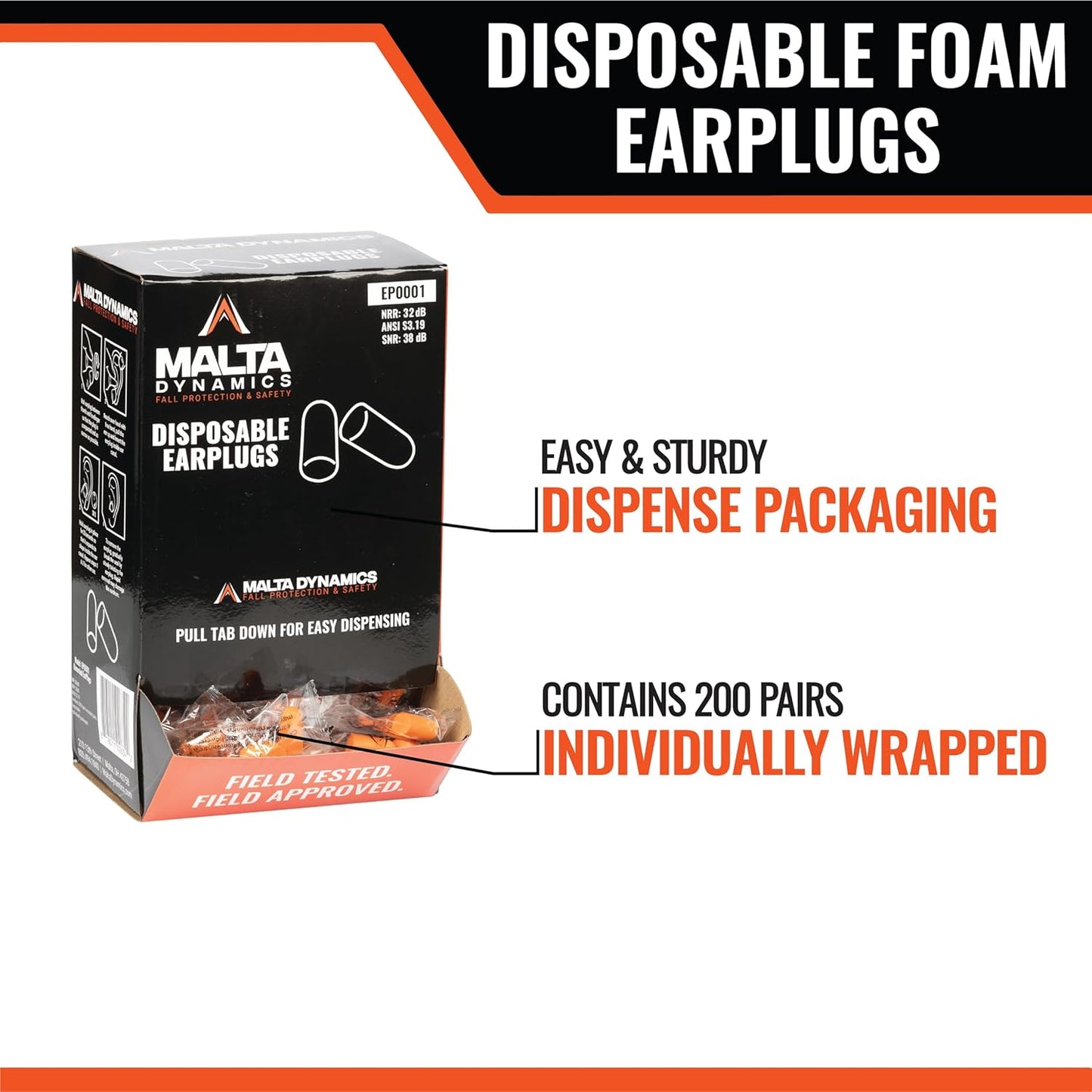 Malta Dynamics Foam Ear Plugs 200 Pairs – 32dB NRR Noise Cancelling Ear Plugs for Hearing Protection, Construction, Sleep, Concerts, Shooting, and More Individually Wrapped & Disposable Earplugs