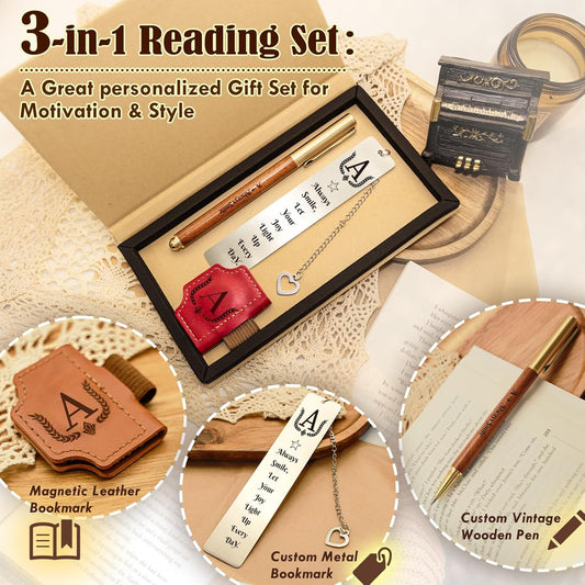 3Pcs Personalized Magnetic Leather Bookmark with Pen Holder Include Custom Metal Book Marks & Wooden Pen, Customized Book Markers Gift for Book Lover Readers Women & Men Book Accessories(Blue,C)
