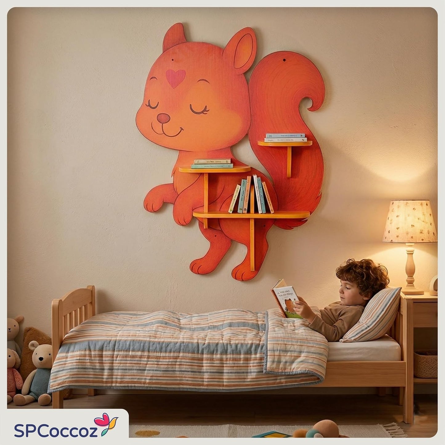 32" Squirrel Decorative Animal Wall Art & Floating Shelf - Lightweight Safety Design - Wooden Wall Bookshelf for Kids Rooms, Floating Nursery Book Shelves Wall