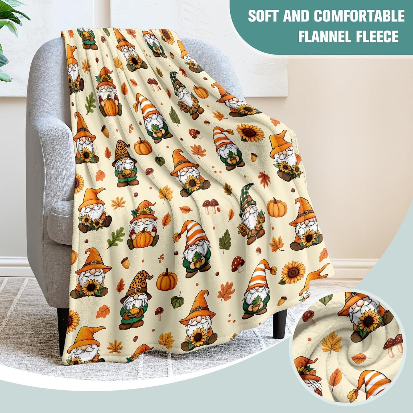 Fall Throw Blanket for Couch Cozy Gnome Pumpkin Pattern Autumn Decor for Home Soft Flannel Lightweight Blanket for Fall Season(50x60 Inch)