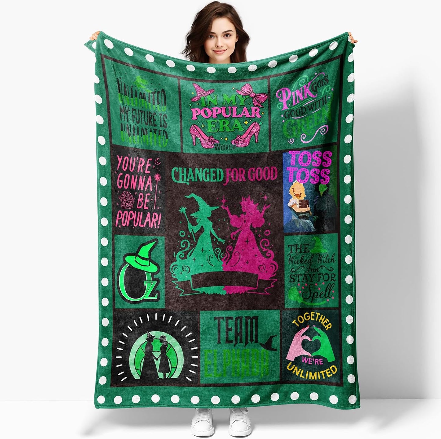 50'' x 40'' Witch Green Vintage Flannel Blanket, Evil Gift Queen Throw Broom, Elphaba Hat Glinda Magic Movie Land Blanket, All Seasons Warm Cozy Soft Blanket for Sofa Bed Halloween Women Girls Fans 1